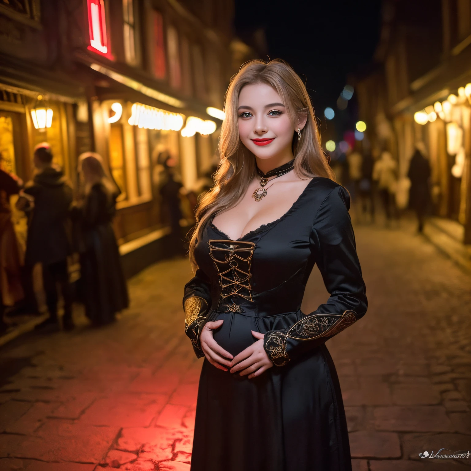 ((top-quality、masutepiece、8K、Top image quality、Highly complex and detailed depictions))、(Dutch beauty photo:1.3)、Luxury red-light district of medieval Holland、the most luxurious ?????????? costumes、Pregnancy、((The most beautiful medieval Dutch courtesan costumes、The most luxurious medieval Dutch courtesan costumes、The most extravagant and lewd red-light district、An unimaginably huge entertainment district、A very luxurious and obscene red-light district in medieval Holland、Huge red light district at midnight in medieval Holland、Very complex decoration)、(View me、Bewitching smile、long eyelashes、Perfect makeup、lipsticks、A slight smil)、(perfect anatomia:1.2)、(Depth of field is deep:1.5)、(Detailed and intricate red light district background:1.3)、(Vivid background of a obscene medieval Dutch red-light district:1.3)、spectacular movie lighting、(romantic mood night:1.1)、(Perfectly recreates the atmosphere of a medieval Dutch red-light district:1.3)、(obscene entertainment district:1.1)、(Obscene mood 1.1)
