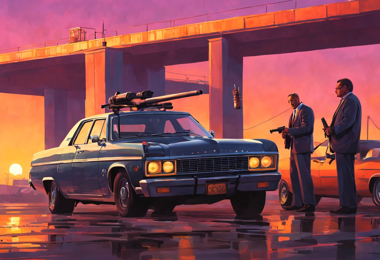 Gta vice city loading screen style, Group of gangsters, a man holding a shotgun, american car nearby, sunset, arrogant stance, nice watches, highly detailed digital painting, concept art, smooth, sharp focus, HDR, beautifully shot, symmetric, illustration, professional ominous concept art, by artgerm and greg rutkowski, an intricate, elegant, highly detailed digital painting, concept art, smooth, sharp focus, illustration, in the style of simon stalenhag, wayne barlowe, and igor kieryluk.