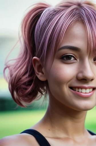 (RAW photo) night scene, close up photo of a , posing, looking at viewer, smiling, pink hair in a ponytail, (green eyes:0.8), cute young face, 18 yo, soft volumetric lights, soft key and fill lighting, (backlit:1.3), (cinematic:1.3), intricate details, (ArtStation:1.2), skin blemishereckles:0.9), detailed eyes, micro details, FUJI XThotorealistic, photorealism, full face, smile