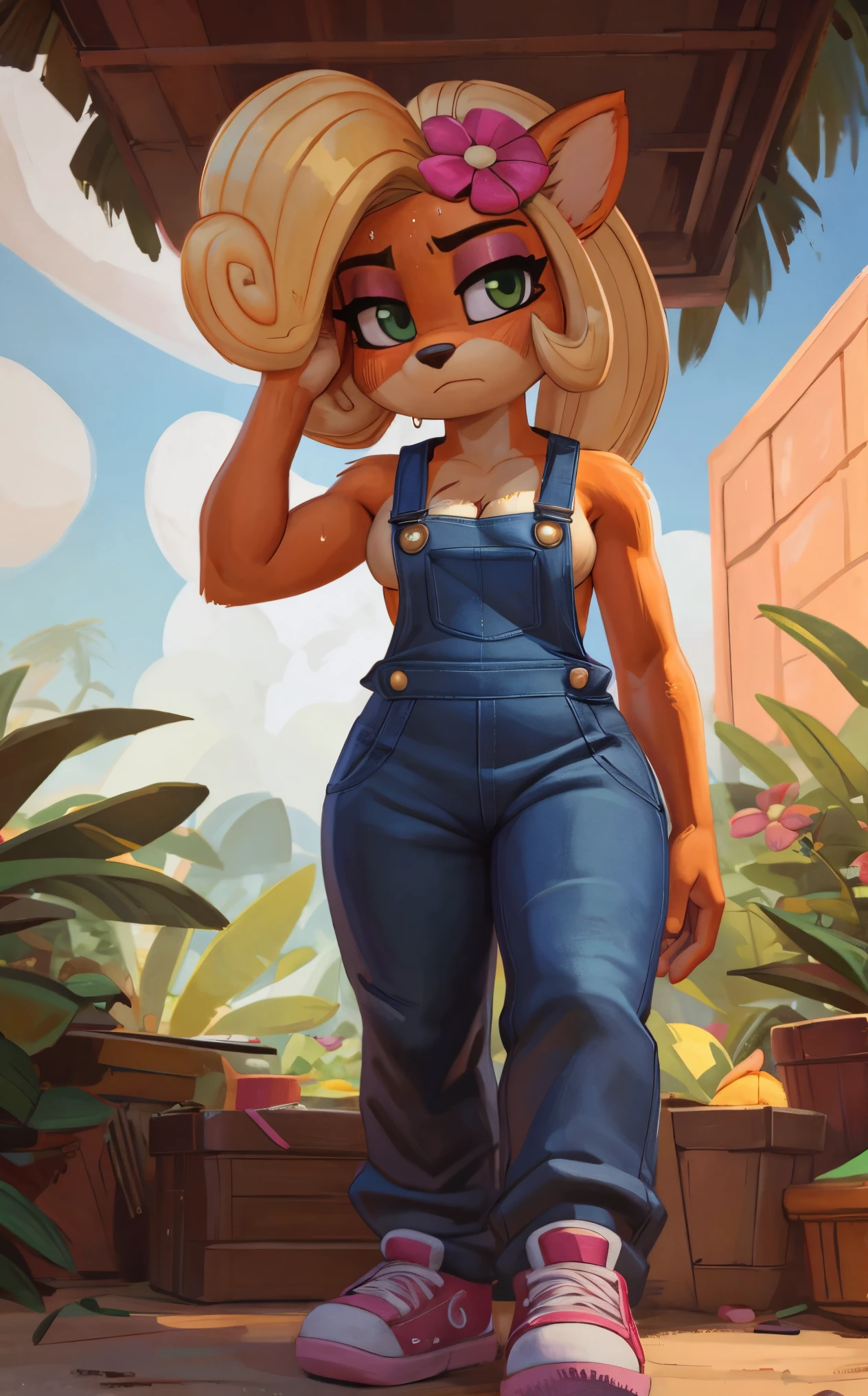 [Coco bandicoot], [Uploaded to e621.net; (Pixelsketcher), (wamudraws)}, ((masterpiece)), ((HD)), ((solo portrait)), ((full body)), ((front view)), ((feet visible)), ((furry; anthro)), ((detailed fur)), ((detailed shading)), ((beautiful render art)), ((intricate details)), {anthro; orange fur, black nose, (cute green eyes), (short eyelashes), (pink eyeshadow), blonde curly hair, curly ponytail, (gorgeous hips), (beautiful legs), (sweat on forehead), (blushing), (cute frown), (tired expression)}, {(shirtless), (cleavage), (tight denim overalls), (pink sneakers), (pink flower on head)}, {(standing), (hand on head), (looking at viewer)}, [background; (tropical forest), (garage), (blue sky), (cloudy)]