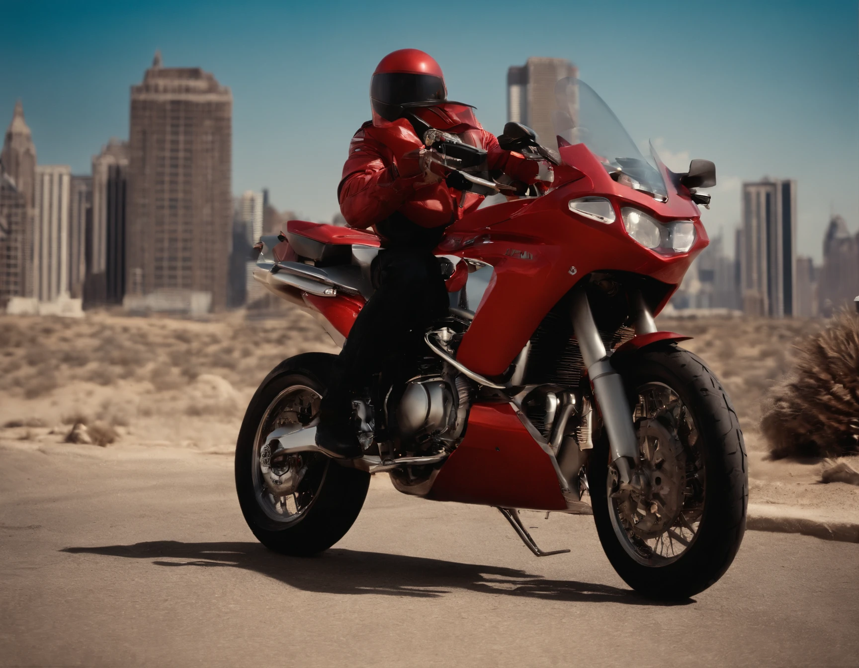 Full frame cinematic shot from a 1980s Fantasy/Action still film about a 25-year-old intimidating attractive youg rule breaker man who lives on a jagged red and black rock and roll planet and fights against his rivals the evil biker aliens, an extremely handsome charming astronaut in a dangerous high-speed chase with infamous biker gang on a futuristic hovering red motorcycle, advanced futuristic red city, tall towers, skyscrapers, full view of the big city, iconic, elaborate, adventurous, moving elements in the background, DVD screen grab, colorful, weird themes, lost, intricate detail, beautiful, hyper-realistic, heavy film grain, extremely detailed, shot on Panasonic HC-X1 and high format.