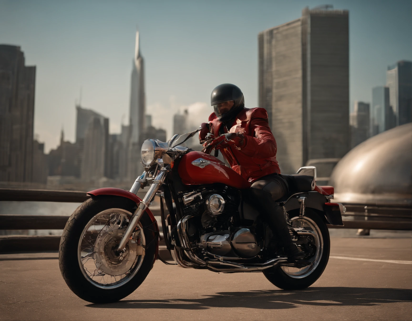 Full frame cinematic shot from a 1980s Fantasy/Action still film about a 25-year-old intimidating attractive youg rule breaker man who lives on a jagged red and black rock and roll planet and fights against his the evil biker aliens, an extremely handsome charming astronaut in a dangerous high-speed chase with infamous biker gang on a futuristic hovering red motorcycle, advanced futuristic red city, tall towers, skyscrapers, full view of the big city, iconic, elaborate, adventurous, moving elements in the background, DVD screen grab, colorful, weird themes, lost, intricate detail, beautiful, hyper-realistic, heavy film grain, extremely detailed, shot on Panasonic HC-X1 and high format.