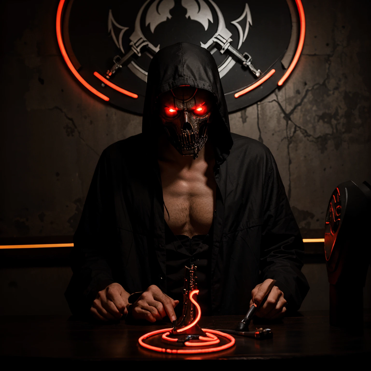 Epic grimm reaper, rock opera, neon
