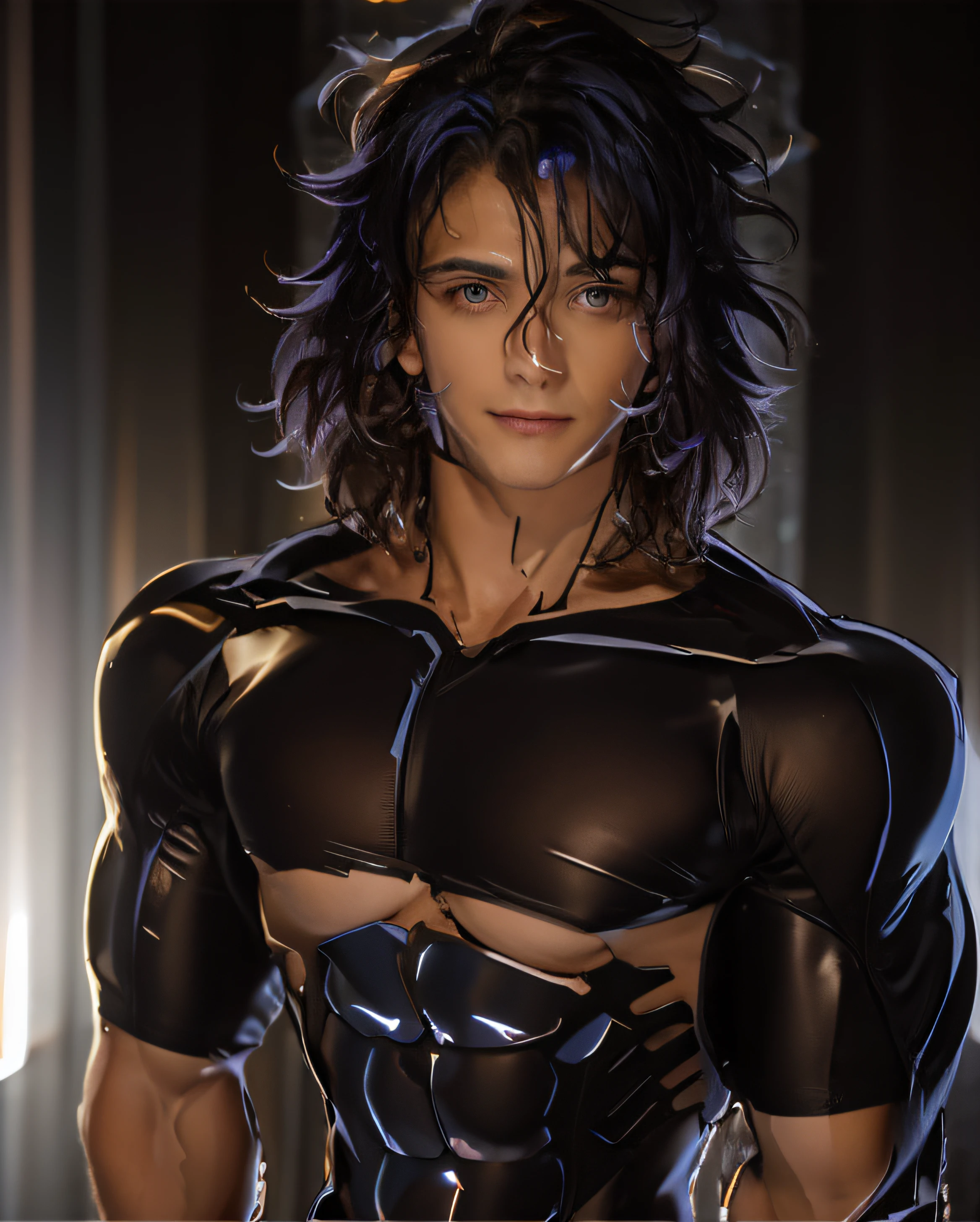 (( realistic image of a man in red shirt and purple pants, estilo varguyart, Deus grego no estilo mecha, jovem, rosto perfeito, 20 anos de idade, cabelos negros, olhos grandes e dourados, sorriso sensual))), , inspirado em Gaston Anglade, Deu, cara bonito na arte demon slayer, cel - estilo de arte sombreado, male djinn man demon hybrid, no estilo de arte do anime 8 0 s