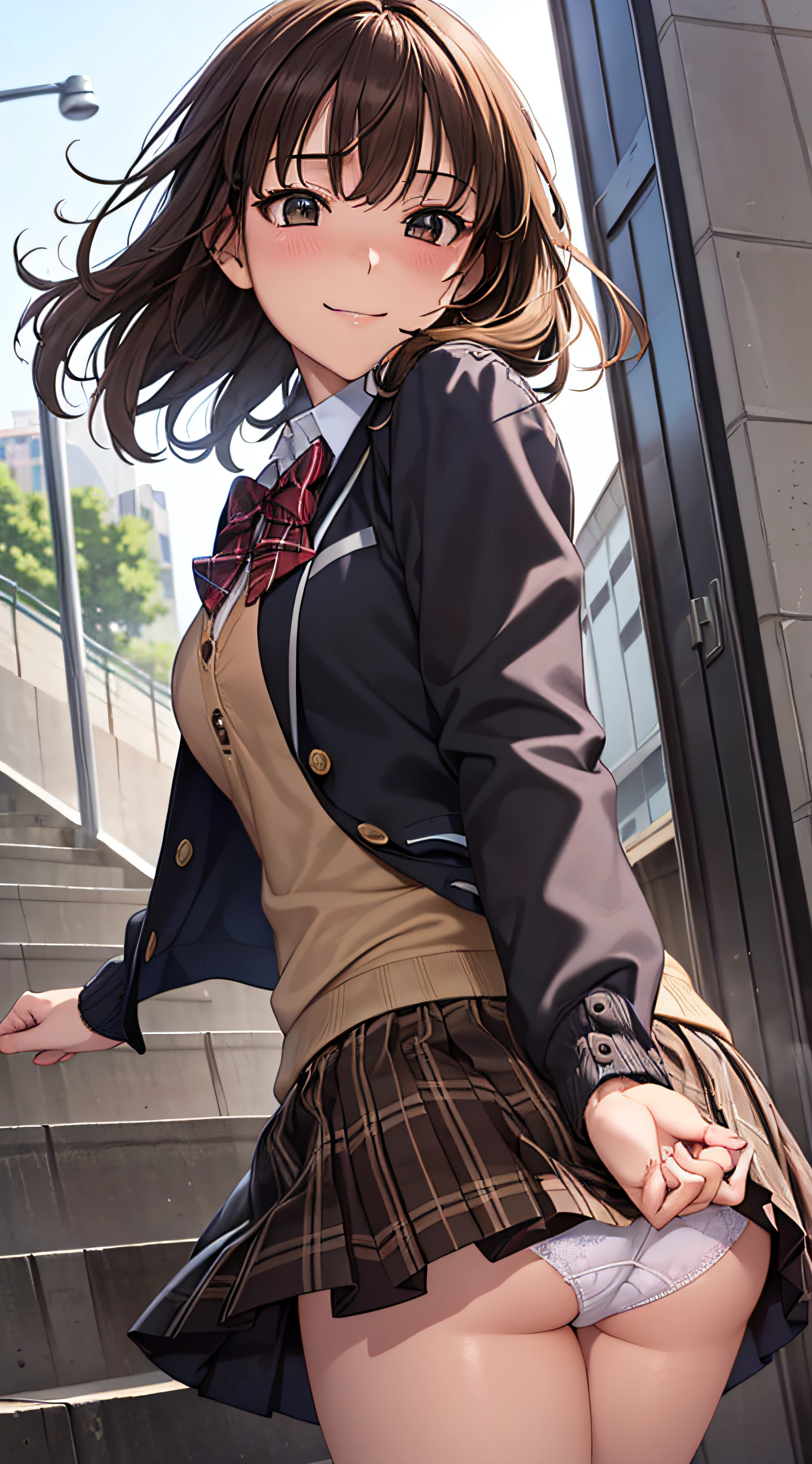 ((masutepiece, Best Quality, hight resolution, nffsw, Perfect Pixel, 4K, nffsw, nffsw))), 1girl in, Single, Solo, Beautie、full body seen、 ((Middle Wave Hair, Bangs, Brown hair)), ((Brown-eyed, Beautiful eyelashes, Realistic eyes)), ((Detailed face, Blushing:1.2)), ((Smooth texture:0.75, Realistic texture:0.65, Photorealistic:1.1, Anime CG style)), medium breasts, Dynamic Angle, Perfect body, ((red bowtie, School uniform, Black jacket, Open jacket, Brown cardigan, White shirt, Black skirt, plaid skirts)), City staircase、Looking up from the bottom of the stairs、Very embarrassing panic smile, turned around、bending forward、(The wind flipped my skirt and exposed my butt...................、Touching the buttocks with both hands、White floral lace panties)、