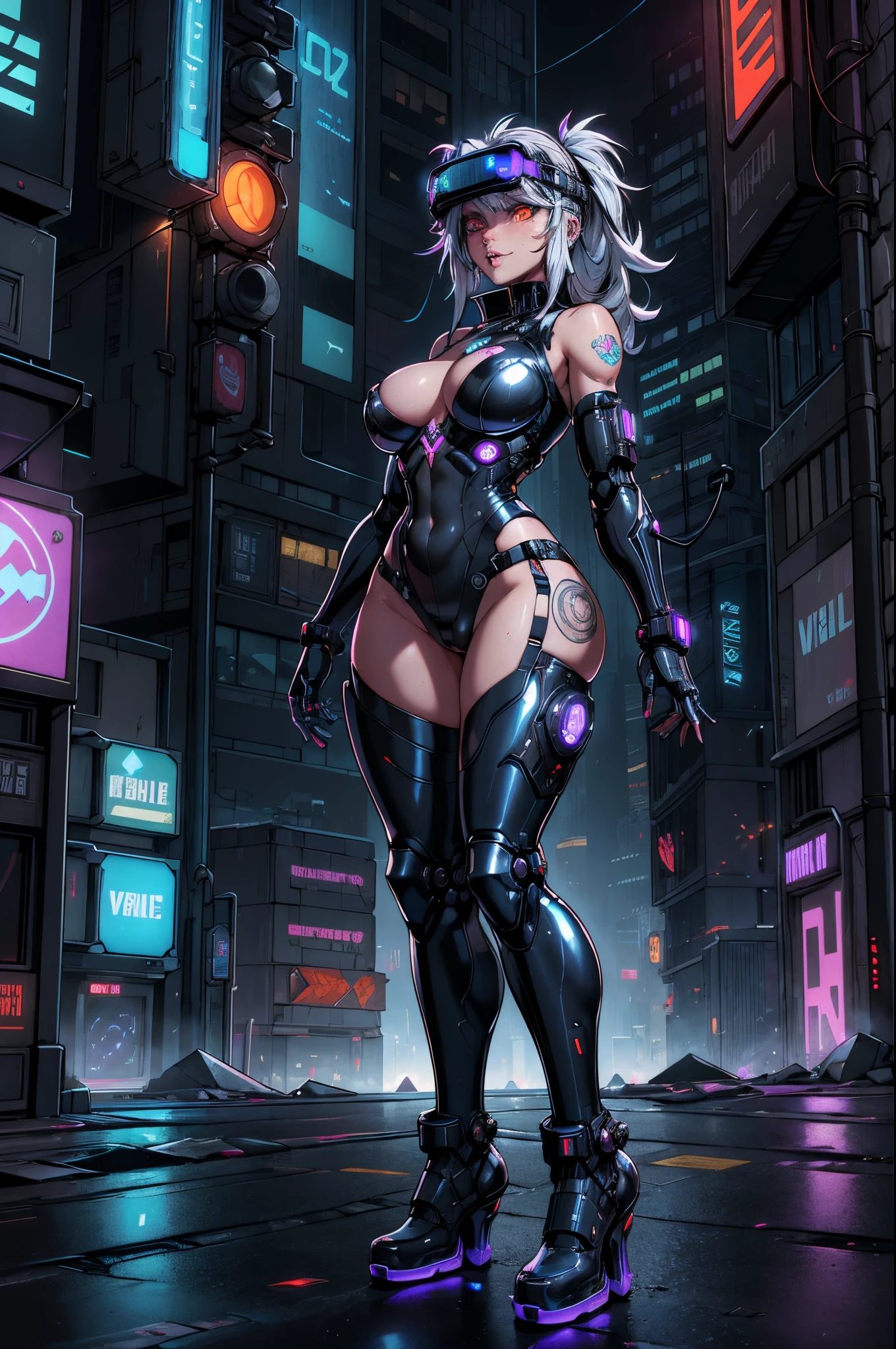 (best quality, masterpieces, high-res), cyberpunk, vulgar:1.2, futuristic cityscape, neon lights, technologically advanced metropolis, towering skyscrapers, dark alleyways, graffiti-covered walls, hovercars, holographic advertisements, augmented reality, heavy rain, smoke-filled streets, circuitry tattoos, chrome-plated cyborgs, augmented limbs, robotic prosthetics, destroyed buildings, flickering LED signs, rebellious hackers, underground cybernetic black market, virtual reality headset, flashing cybernetic eyes, dystopian society, bustling crowds, advanced weaponry, shiny latex outfit, provocative clothing, provocative poses, seductive gaze