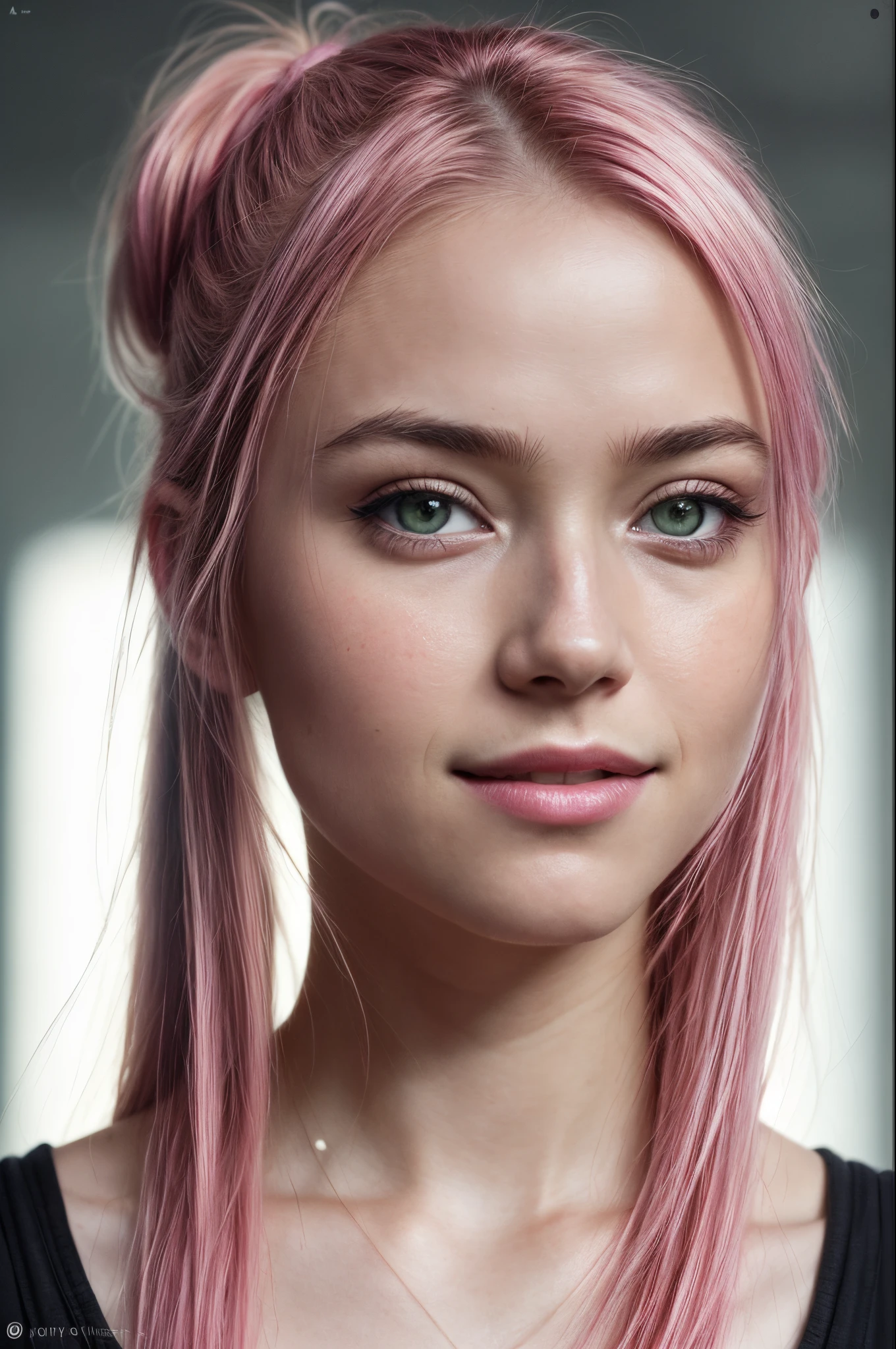 (RAW photo) night scene, close up photo of a , posing, looking at viewer, smiling, pink hair in a ponytail, (green eyes:0.8), cute young face, 18 yo, soft volumetric lights, soft key and fill lighting, (backlit:1.3), (cinematic:1.3), intricate details, (ArtStation:1.2), skin blemishereckles:0.9), detailed eyes, micro details, FUJI XThotorealistic, photorealism