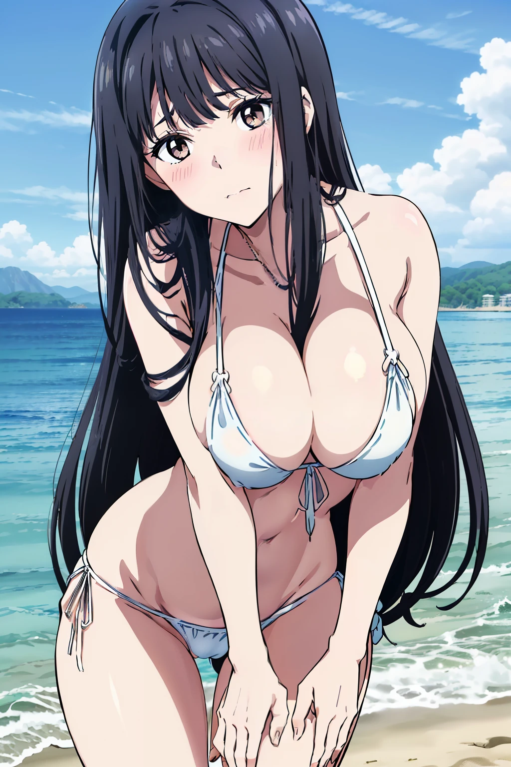 Miyuki, 1girl in, Cute, blush, (Long Black Hair:1.5), 14years, (Oversized large sagging breasts:1.5), cleavage, ((White Micro Bikini:1.5, Thin fabric)), (Leaning forward:1.5), Upper body, Close-up on the chest, beach side,