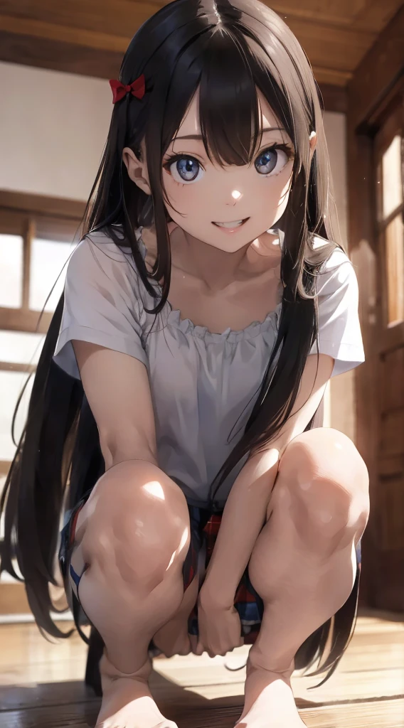 one girls,Straight hair,Longhaire,Ear hooks,a baby face,a small face,A smile,a beauty girl,cute little,Voluptuous thighs,Big buttocks,Ultra-high resolution,ultra-quality,Hi-Res,detaileds,double tooth,rendering art,(((teats,NSFW,pubick hair,))),realisitic,crouching down,Panchira,kne