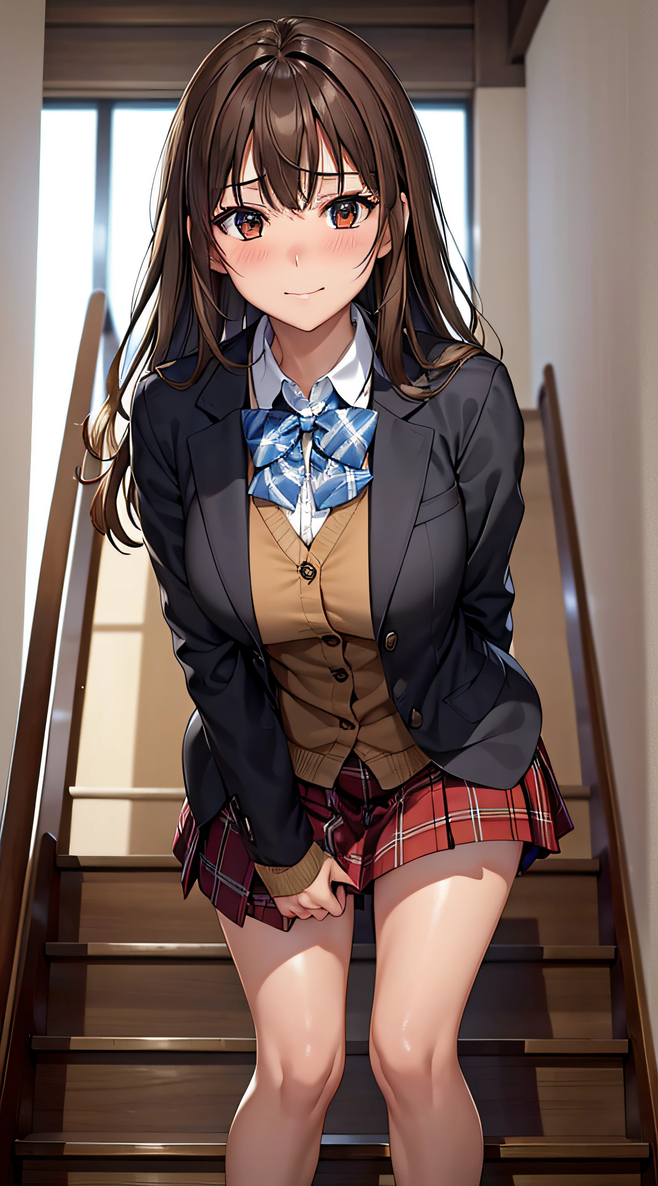 ((masutepiece, Best Quality, hight resolution, nffsw, Perfect Pixel, 4K, nffsw, nffsw))), 1girl in, Single, Solo, Beautie、full body seen、 ((Middle Wave Hair, Bangs, Brown hair)), ((Brown-eyed, Beautiful eyelashes, Realistic eyes)), ((Detailed face, Blushing:1.2)), ((Smooth texture:0.75, Realistic texture:0.65, Photorealistic:1.1, Anime CG style)), medium breasts, Dynamic Angle, Perfect body, ((red bowtie, School uniform, Black jacket, Open jacket, Brown cardigan, White shirt, Black skirt, plaid skirts)), City staircase、Looking up from the bottom of the stairs、Very embarrassing panic smile, turned around、bending forward、(The wind flipped my skirt and exposed my butt...................、Touching the buttocks with both hands、Light blue floral lace panties)、