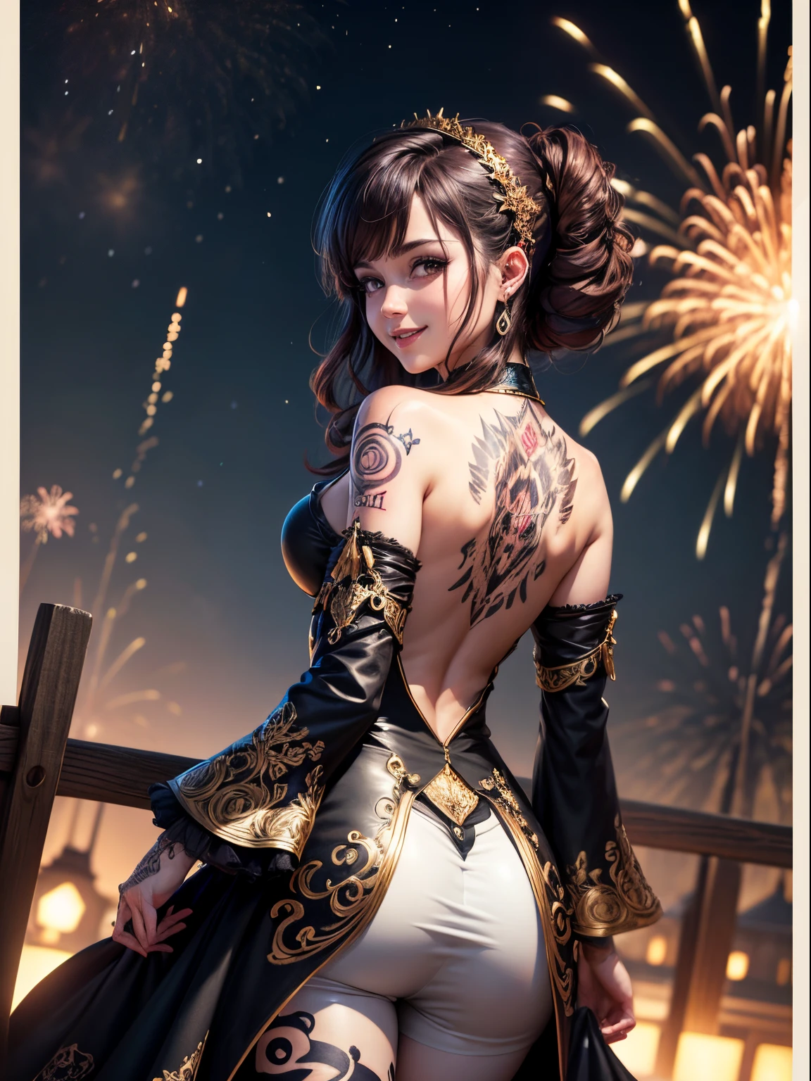 (masterpiece, best quality, highres, ultra-detailed, 8k, 4k), artbook, Animes coloring, CG, illustration ,1girl, solo, tattooed back, earring, from behind ,background  a huge ornate circular pattern, smile, happy looking at viewer, fireworks, stars, night, outdoors, (dutch angle)