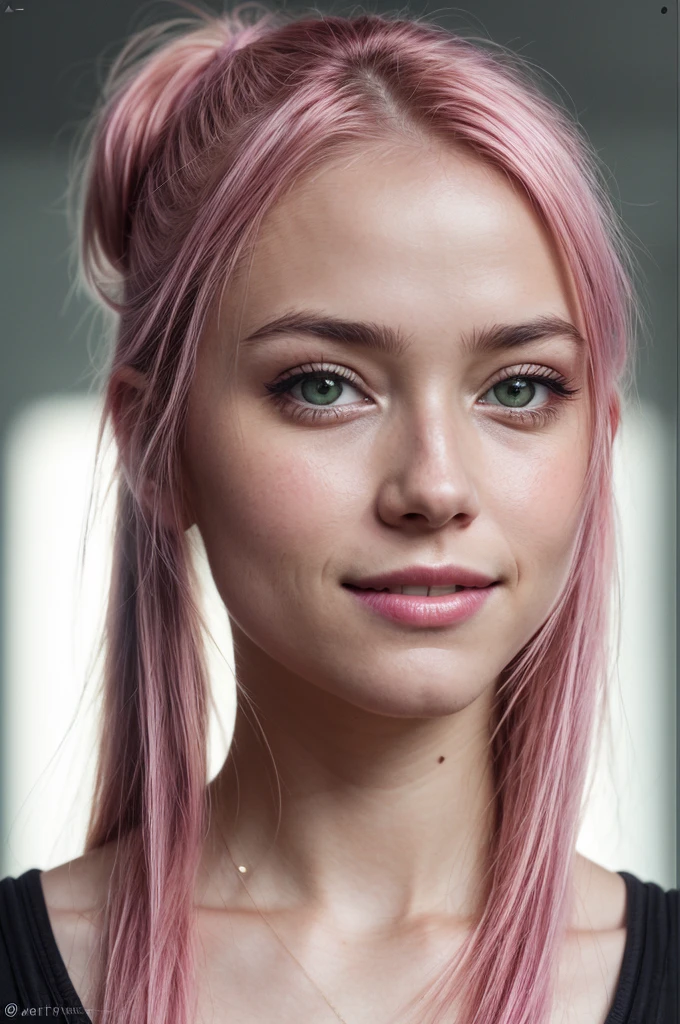 (RAW photo) night scene, close up photo of a , posing, looking at viewer, smiling, pink hair in a ponytail, (green eyes:0.8), cute young face, 18 yo, soft volumetric lights, soft key and fill lighting, (backlit:1.3), (cinematic:1.3), intricate details, (ArtStation:1.2), skin blemishereckles:0.9), detailed eyes, micro details, FUJI XThotorealistic, photorealism, make her smile, beautiful teeth