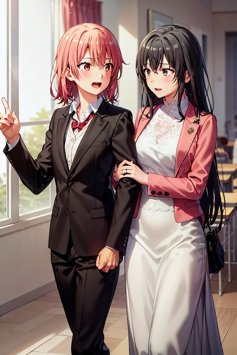 2 girls,  Woman, Home room wallpaper, Yukinoshita Yukino is wearing a business suit and holding a coat , Her wife Yuigahama Yui is wearing a wedding dress, Yuri