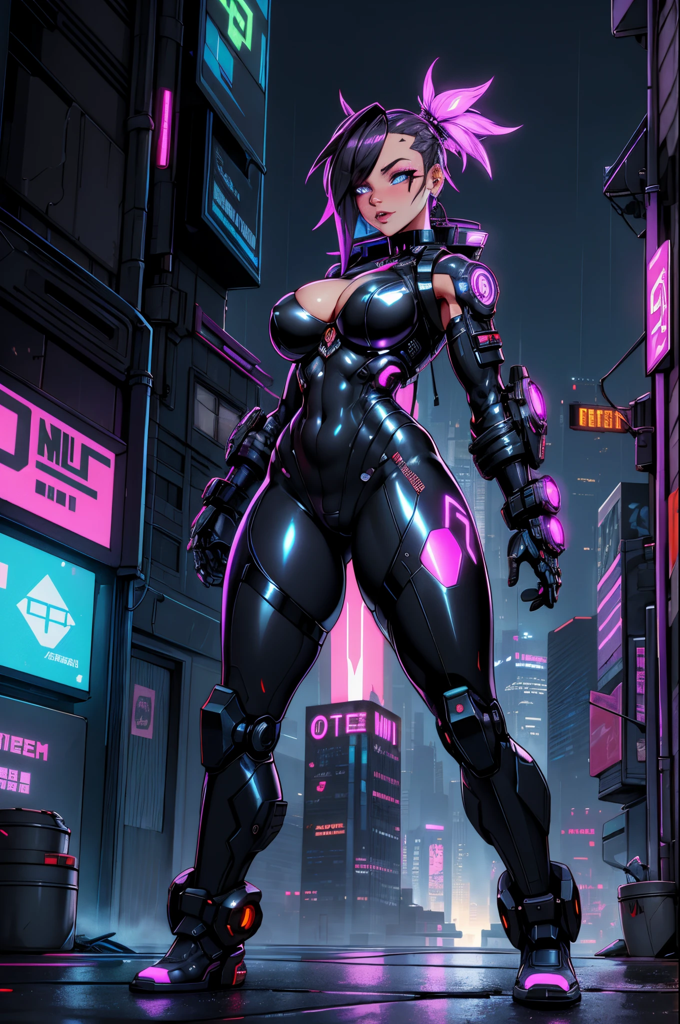 (Best Quality, Masterpieces, hight resolution), Cyberpunk, Vulgar:1.2, futuristic city street, neon light, technologically advanced metropolis, towering skyscrapers, dark alley, Wall covered with graffiti, hover car, Holographic advertising, augmented reality, Heavy rain, Streets filled with smoke, circuit tattoo, chrome plated cyborg, augmented limbs, Robot prosthetics, Destroyed buildings, Flashing LED signs, rebellious hacker, underground cybernetic black market, Virtual Reality Headset, blinking cybernetic eyes, Dystopian society, Bustling Crowds, Advanced weapons, Shiny latex clothes, Provocative clothing, Provocative poses, a captivating gaze
