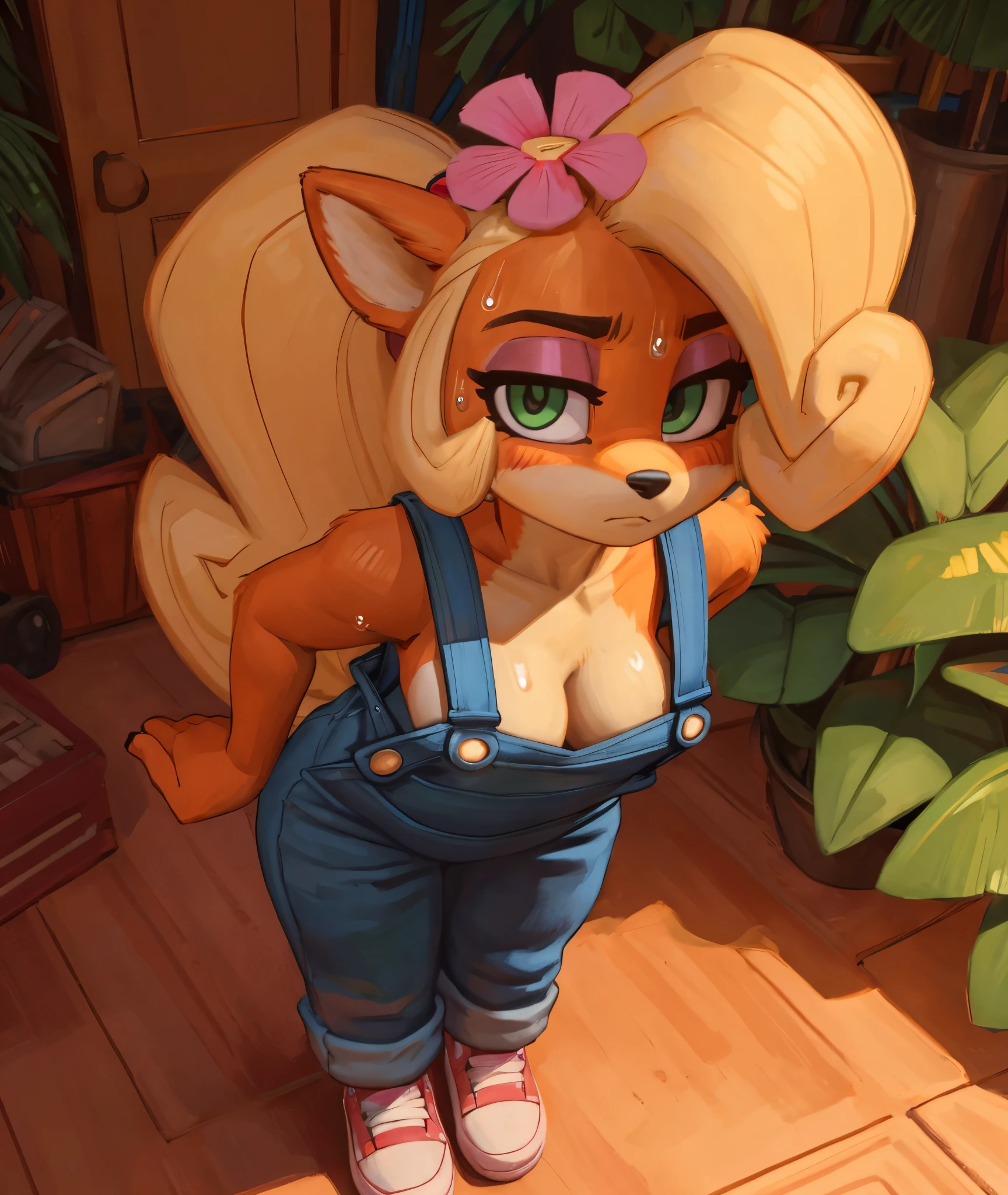 [Coco bandicoot], [Uploaded to e621.net; (Pixelsketcher), (wamudraws)}, ((masterpiece)), ((HD)), ((solo portrait)), ((full body)), ((bird's-eye view)), ((feet visible)), ((furry; anthro)), ((detailed fur)), ((detailed shading)), ((beautiful render art)), ((intricate details)), {anthro; orange fur, black nose, (cute green eyes), (short eyelashes), (pink eyeshadow), blonde curly hair, curly ponytail, (gorgeous hips), (beautiful legs), (sweat on forehead), (blushing), (cute frown), (tired expression)}, {(shirtless), (cleavage), (tight denim overalls), (pink sneakers), (pink flower on head)}, {(standing), (bending over), (hand on hip), (looking at viewer)}, [background; (tropical forest), (garage), (blue sky), (cloudy)]