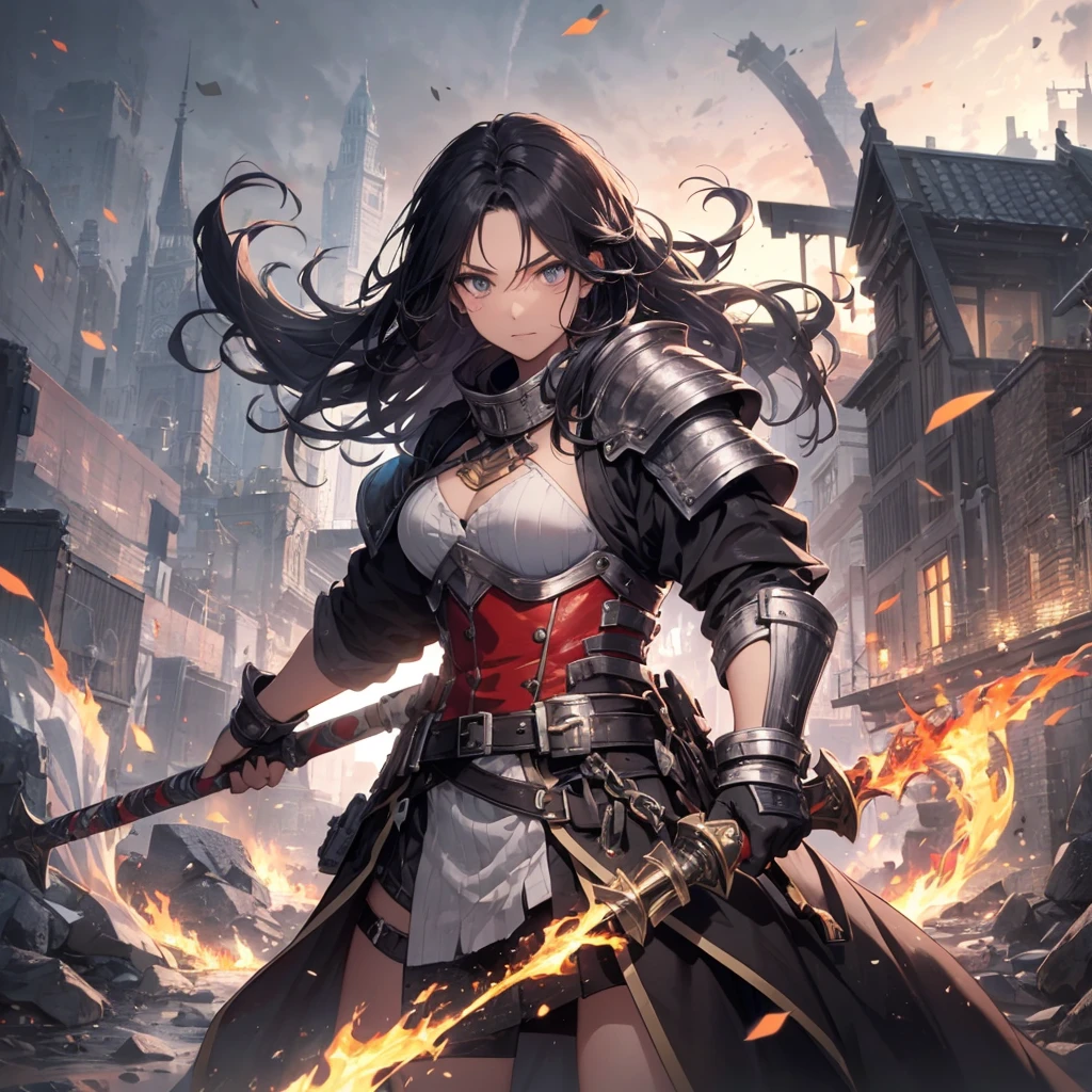 Absurd resolution, high resolution, (masterpiece: 1.4), hyper-detailed, ancient Chinese, black long-haired young man (1.3), roar (1.2), cry (1.2), armored samurai in black armor, wielding swords, blood, fighting, standing on ancient city walls (1.3), dusk, fire