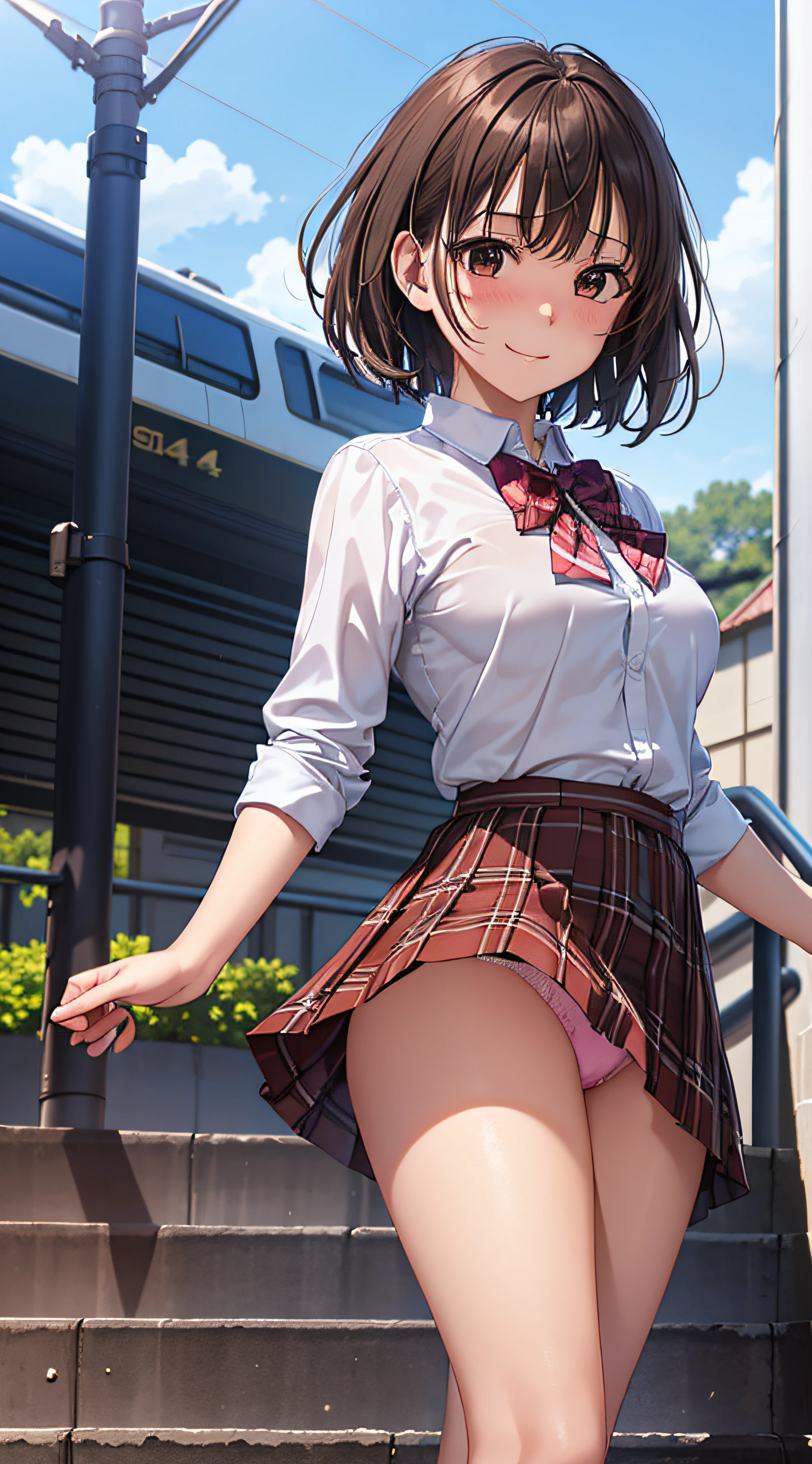 ((masutepiece, Best Quality, hight resolution, nffsw, Perfect Pixel, 4K, nffsw, nffsw))), 1girl in, Single, Solo, Beautie、full body seen、 ((Short Wave Hair, Bangs, Brown hair)), ((Brown-eyed, Beautiful eyelashes, Realistic eyes)), ((Detailed face, Blushing:1.2)), ((Smooth texture:0.75, Realistic texture:0.65, Photorealistic:1.1, Anime CG style)), medium breasts, Dynamic Angle, Perfect body, ((red bowtie, School uniform, , White shirt, Black skirt, plaid skirts))、train station stairs、Windy、Very embarrassing panic smile、turned around、I can see her ass sticking out in front of me.......、Looking up from the bottom of the stairs、 (The wind pulled up my skirt、Touch the skirt with both hands、、You can see all the buttocks、Pink floral panties)、