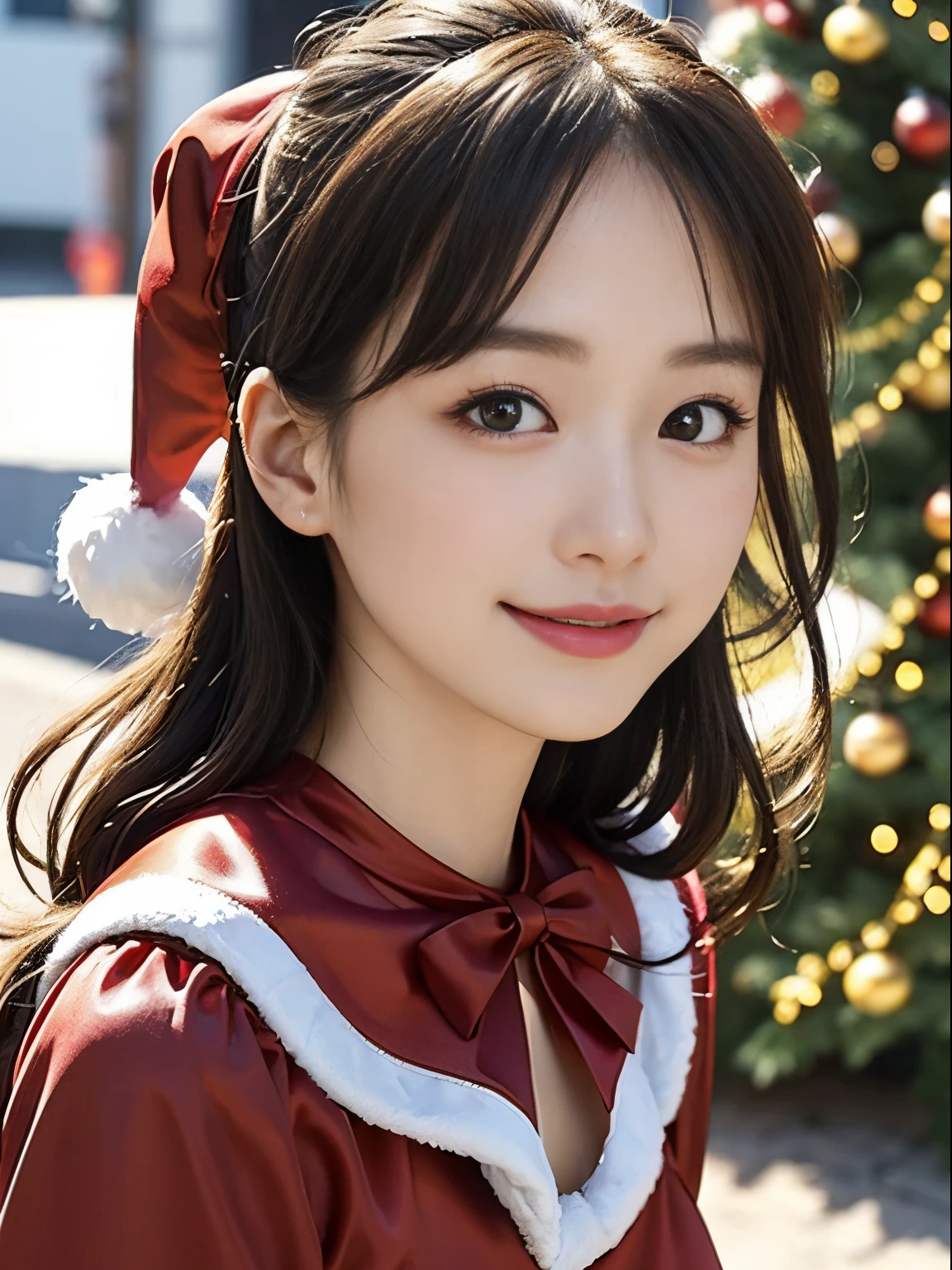 tre anatomically correct,Masterpiece of,High image quality,(Cute Santa Claus costumes:1.5),(The material of the costume is high quality silk......:1.4),20 years old, Japan Female, (Random posture:1.4),Christmas tree,Professional Lighting,((Japan hair)),((Natural smile)),The ultra-detailliert、High quality textures、intricate detailes、detaileds、Very detailed CG、High quality shadows、Detail Beautiful delicate face、Detail Beautiful delicate eyes、depth of fields、Ray traching,1girl in, japanaese girl, Fashion Model, slender,Warm atmosphere,Outdoors with a Christmas atmosphere