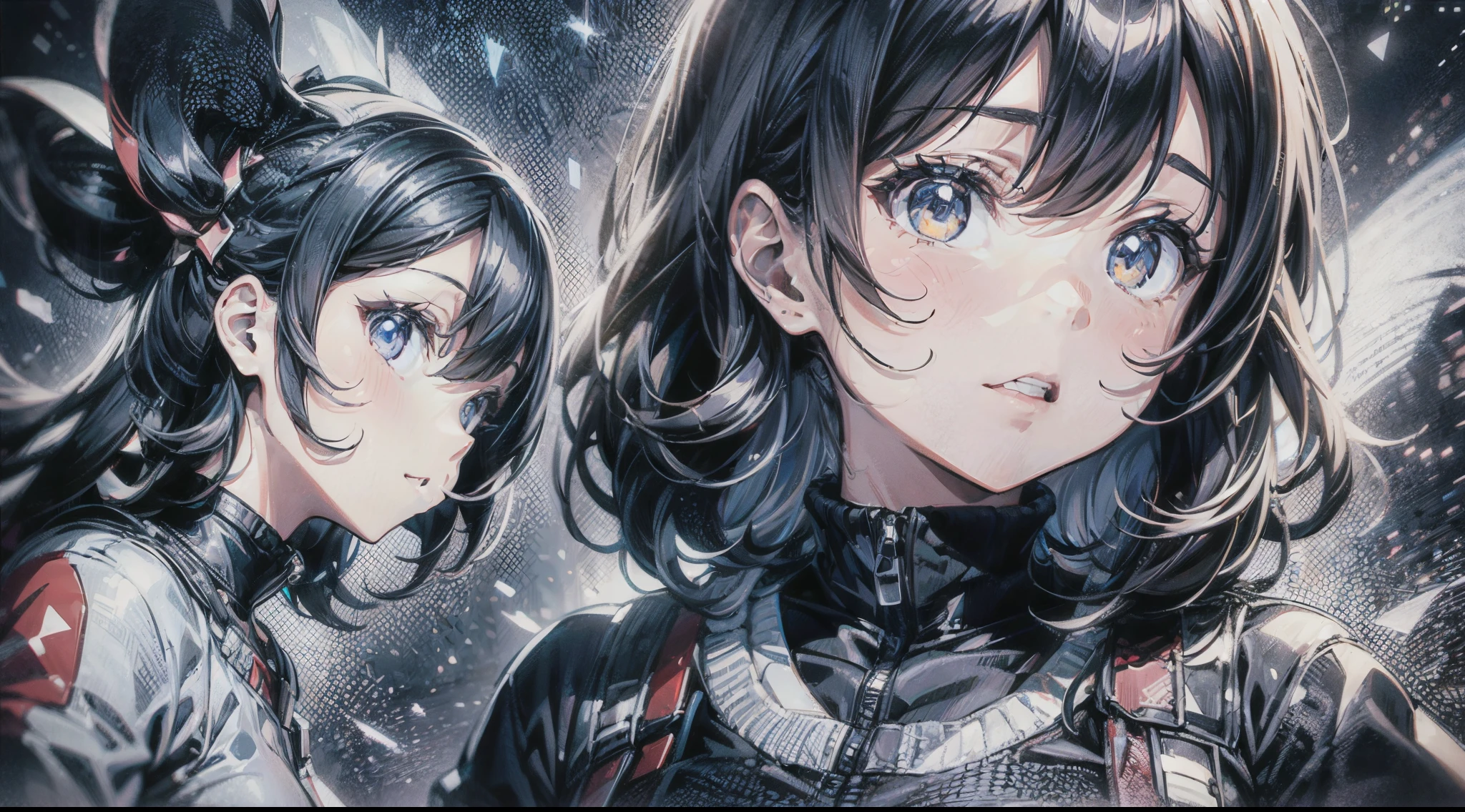 Anime still image of two idols back to back,
AND Modern Chic, Intense, Multi-Layered, Emotional, Gothic, asymmetry, cool, emotional, 1girl, cute, ultra dynamic angle, ultra dynamic posture, ultra detailed, 8k,
AND Naïve Art, Graffiti, Op Art, Chic, Bio Art, asymmetry, cool, emotional, 1girl, cute, ultra dynamic angle, ultra dynamic posture, ultra detailed, 8k.