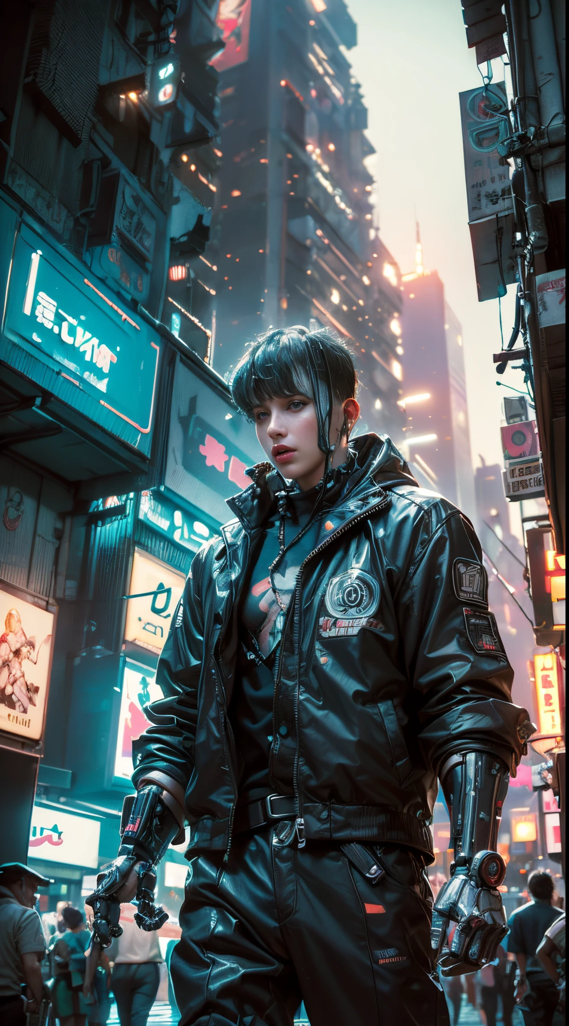 ((extremely delicate and beautiful cybernetic girl)), ((highly detailed face)), ((mechanical limb, mechanical vertebrae)), ((mechanical cervical attaching to neck)), (wires and cables attaching to neck:1.2), ((mass of wires and cables on head)), ((wearing colorful Harajuku tech jacket with logo)), (facing camera pose), ((cowboy shot)), (masterpiece), (((best quality))), ((ultra-detailed)), (highly detailed photorealistic CG illustration), cinematic lighting, science fiction, extremely detailed,colorful,highest detail, (((cyberpunk city background, (Blade Runner), Harajuku district)))