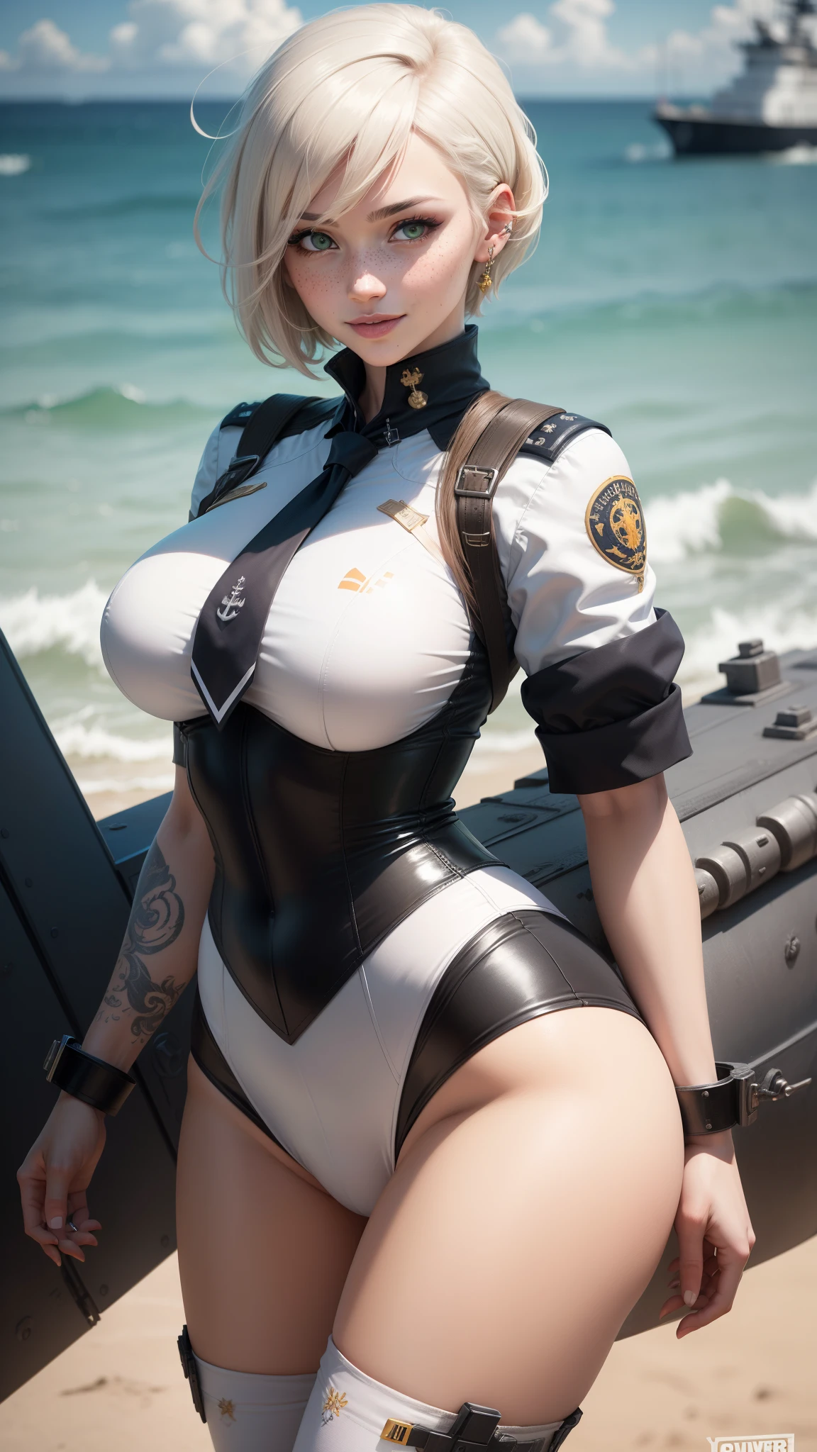 gwen tennyson,yorha 2b,tracer,rebecca chambers,overwatch,azur lane,close up,japanese harbor,tattoos,orange and white plugsuit,white short sleeve navy leotard,white short sleeve admiral jacket,white tight lycra skirt,admiral corset,short hair,punk makeup,green eyes,multicolored silver punk hair,sexy smile,freckles,beautiful girl,white thigh high boots,large breasts,8k,ultra detailed,realistic,fantasy art,atago uniform,white admiral uniform,hair pin,ear piercings,battleship,goth hand and neck jewelry,(weather:sea breeze),1girl,black admiral tie,anchor,