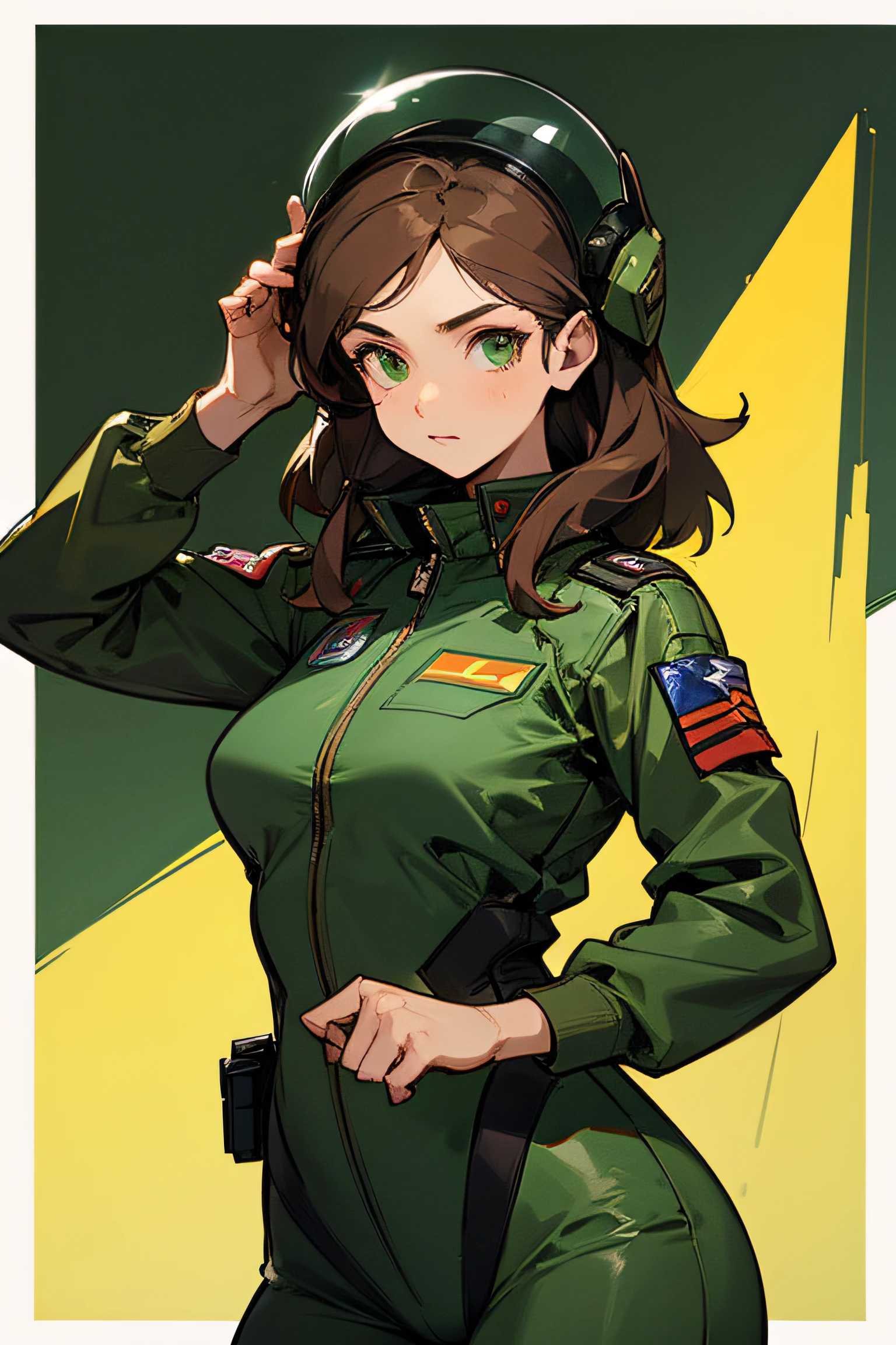 A tall sexy nice kind happy Soviet Russian military girl with long smooth red hair and brown eyes and pink lips wears a metallic green top with a black patch on her chest and a yellow ribbon on her waist and a large metallic green pants with a sensual thigh and a large yellow boot wearing a black Soviet winter cap flying in the blue sky