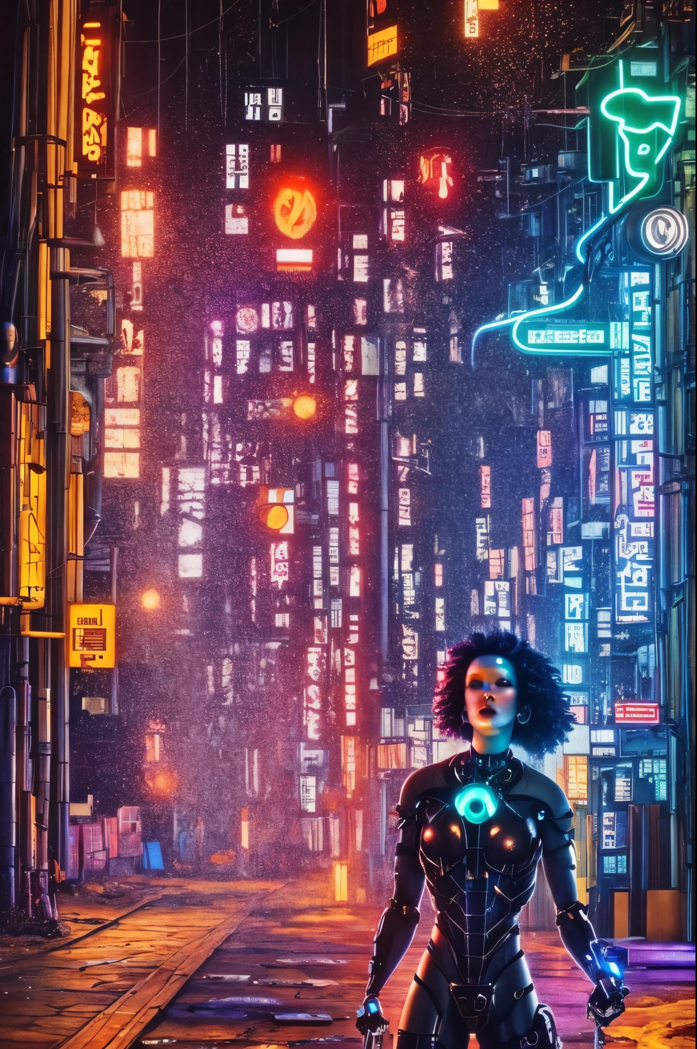 (best quality, masterpiece:1.2), cyberpunk, vulgar, nasty cyborg woman under repair, flaming eye, robots, lovedoll, face, sex shop, neon lights, dystopian cityscape, dark alley, smoke, graffiti, body modifications