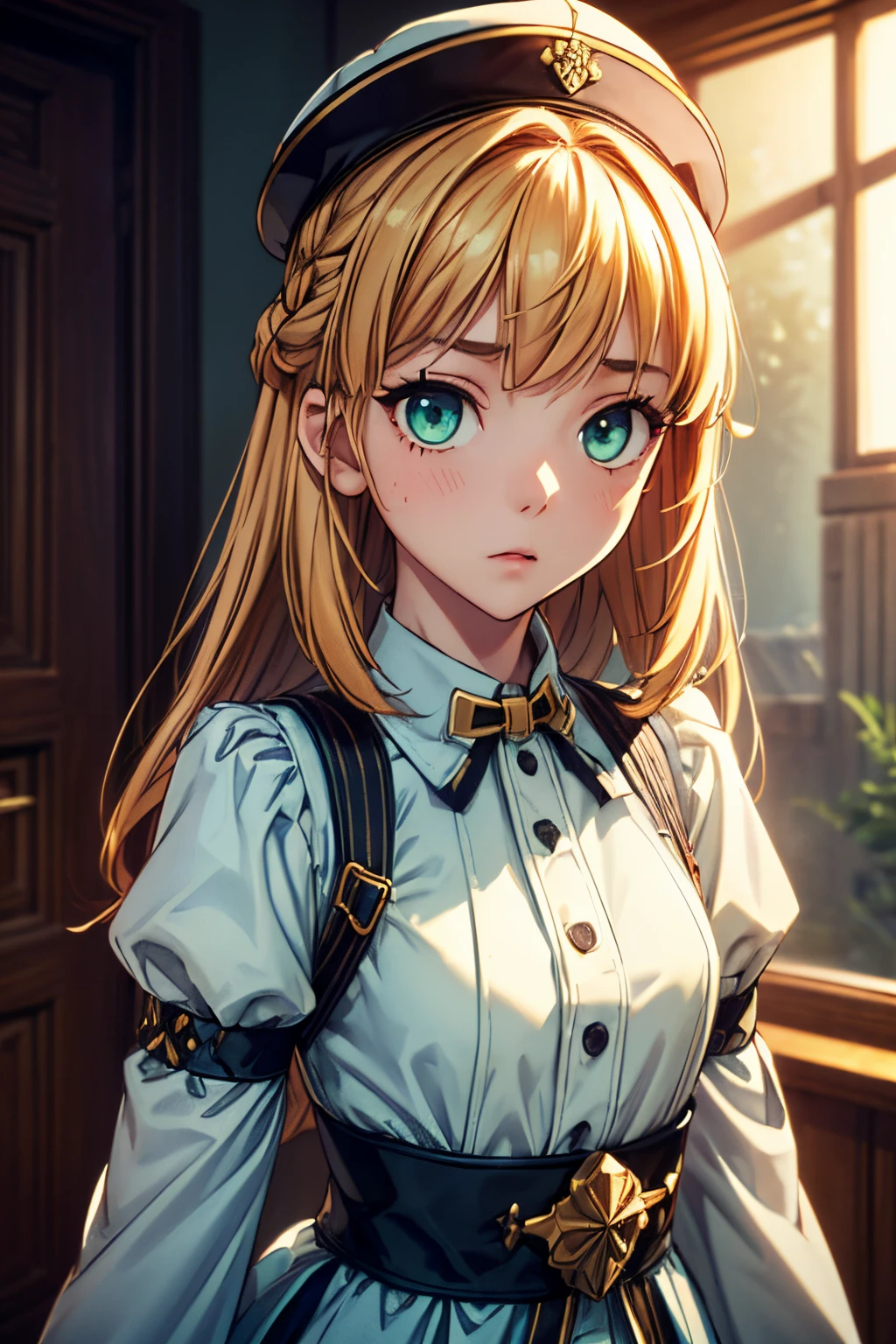 (One girl、Dressed in a dress and hat, girls' frontline, Midsummer themed costumes, multilayered outfit,Dressed, Mid summer、Soio、Top image quality, Transverse conveying，Half-length picture，largeeyes，eye closeup，（with short golden hair），（Green eyes），hair scrunchie，small thighest qualtiy， （stocklings，Elaborate Eyes, head looking up，Reasonable body structure，Young，Extremely detailed face, Perfect lighting, Extremely detailed CG, (Perfect hands, Perfect anatomy)