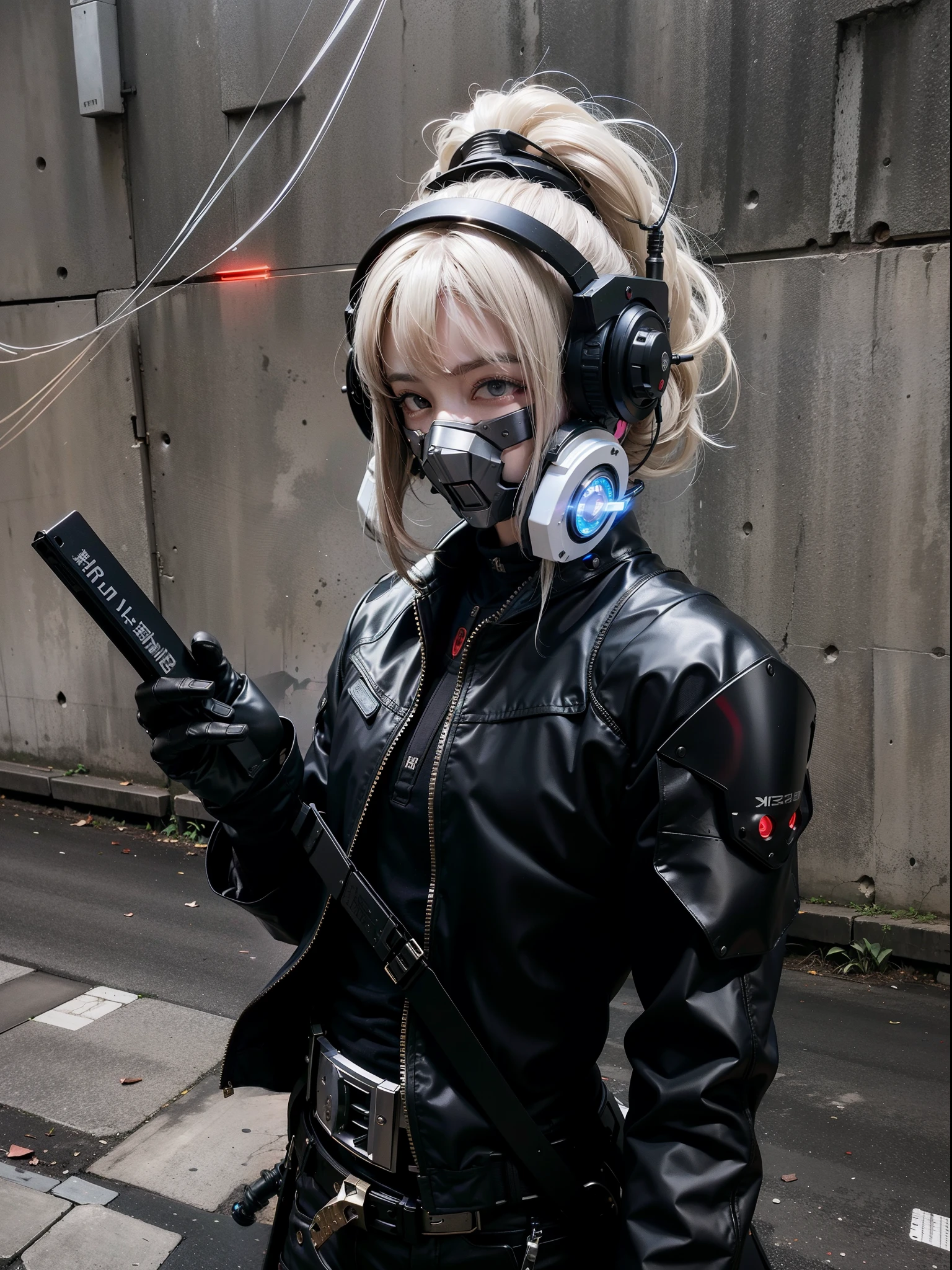 Fantasy cyberpunk world,1 Mechanical Miracle,Robots defend world order;Samurai mechanical armor,Equipped with transparent weapons,Streamlined black and red design,wearing in black cloak,A big part of a 1-person robot,Art of the highest quality,8K ultra-high resolution,动态照明,cinematic splendor,vibrant with colors,Wearing a cyberpunk space helmet,Luminous mechanical protective mask