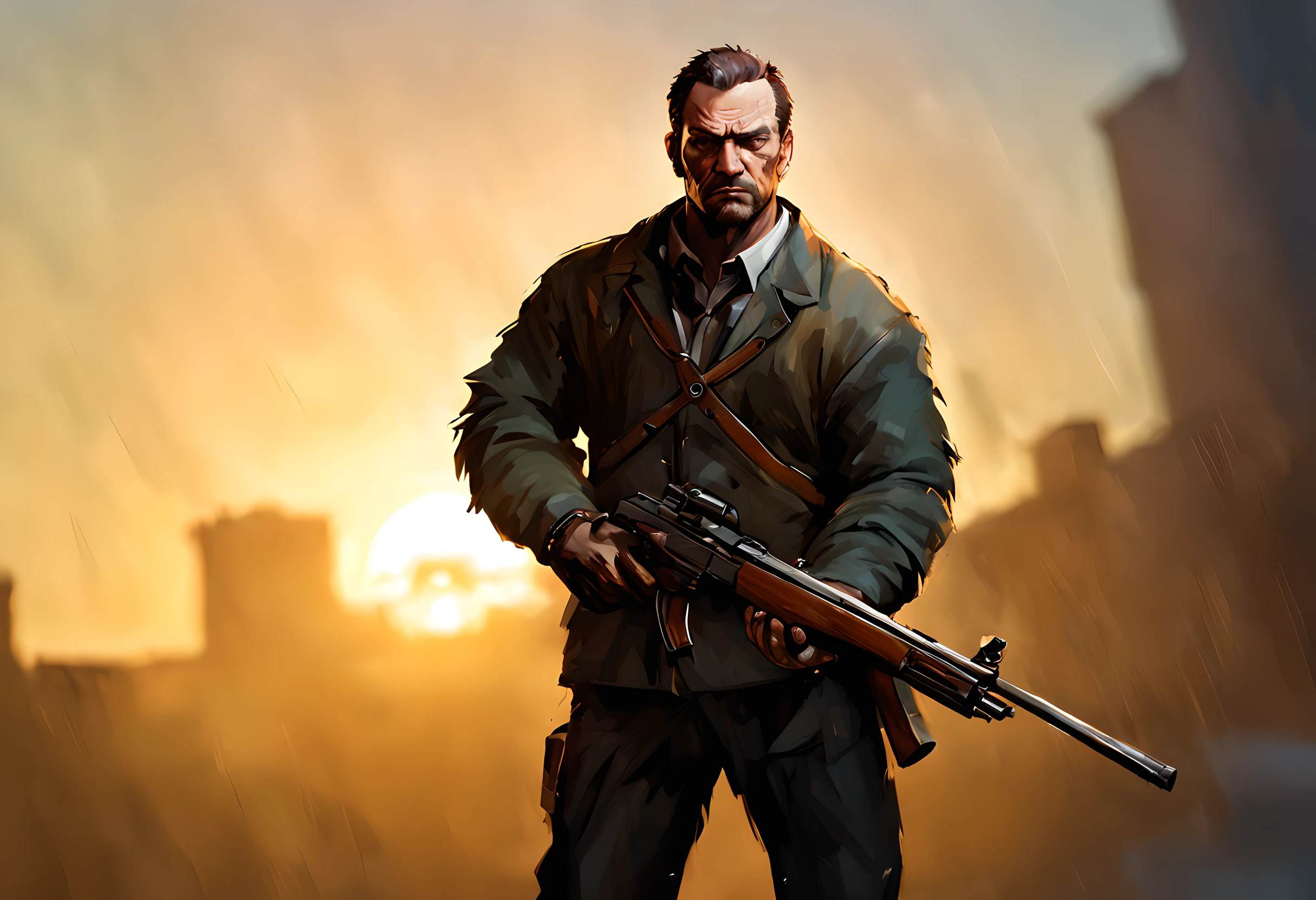 GTA 5 style characters, GTA 5, Holding a shotgun, A Man, gang, Sunset scene, professional ominous concept art, by Ashley Wood, very delicate digital painting, Concept art, Dynamic Angle