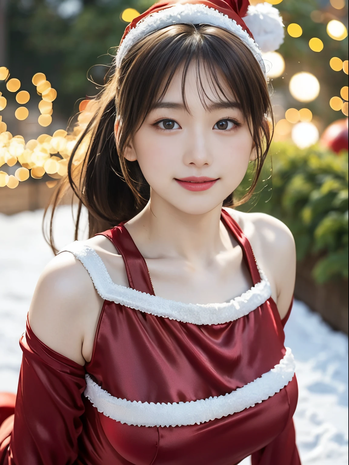 tre anatomically correct,Masterpiece of,High image quality,(Cute Santa Claus costumes:1.5),(The material of the costume is high quality silk.......:1.4),20 years old, Japan Female, (Random posture:1.4),Christmas tree，Professional Lighting,((Japan hair)),((Natural smile)),The ultra-detailliert、High quality textures、intricate detailes、detaileds、Very detailed CG、High quality shadows、Detail Beautiful delicate face、Detail Beautiful delicate eyes、depth of fields、Ray traching,1girl in, japanaese girl, Fashion Model, slender,Warm atmosphere,Outdoors with a Christmas atmosphere