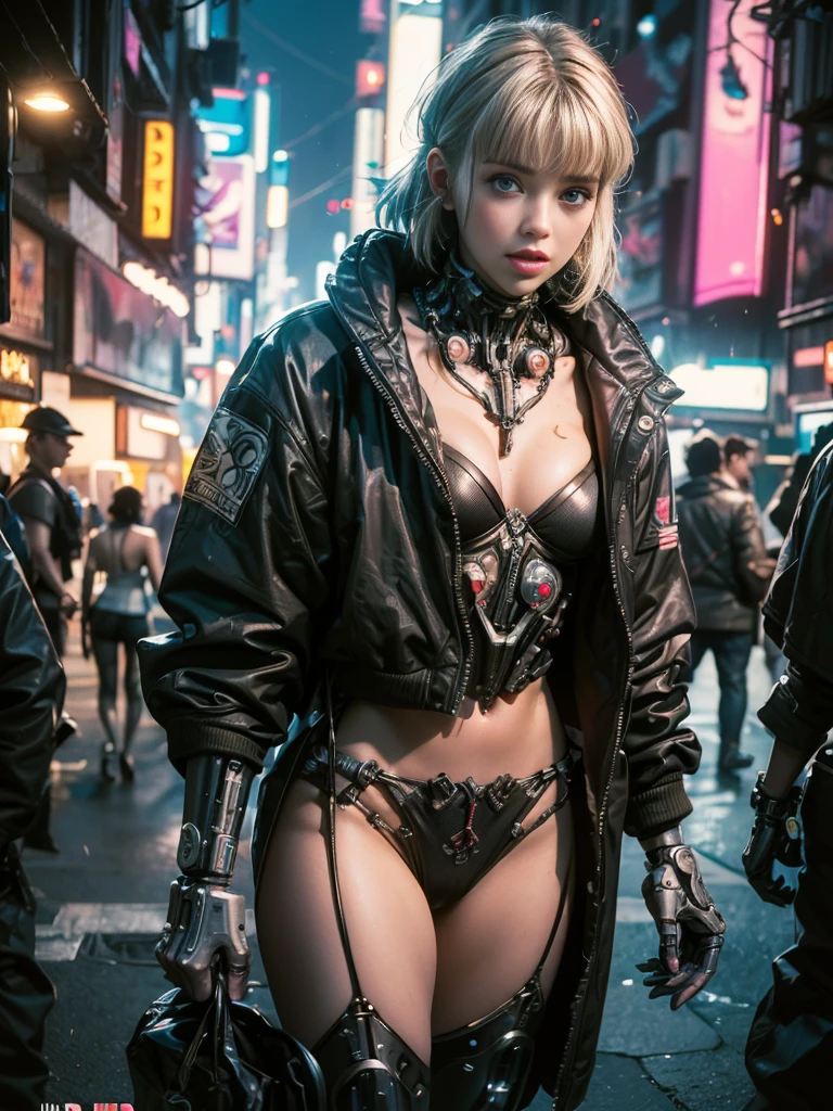 ((extremely delicate and beautiful cybernetic girl)), ((highly detailed face)), ((mechanical limb, mechanical vertebrae)), ((mechanical cervical attaching to neck)), (wires and cables attaching to neck:1.2), ((mass of wires and cables on head)), ((wearing colorful Harajuku tech jacket with logo)), (facing camera pose), ((cowboy shot)), (masterpiece), (((best quality))), ((ultra-detailed)), (highly detailed photorealistic CG illustration), cinematic lighting, science fiction, extremely detailed,colorful,highest detail, (((cyberpunk city background, (Blade Runner), Harajuku district))), NSFW