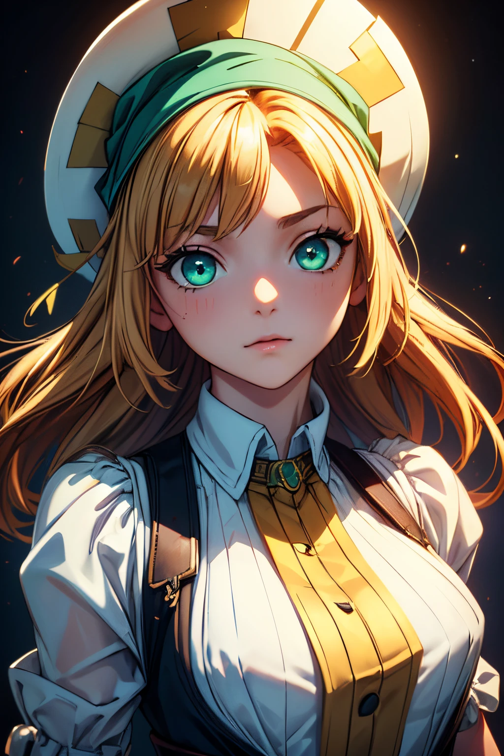 (One girl、Dressed in a dress and hat, girls' frontline, Midsummer themed costumes, multilayered outfit,Dressed, Mid summer、Soio、Top image quality, Transverse conveying，Half-length picture，largeeyes，eye closeup，（with short golden hair），（Green eyes），hair scrunchie，small thighest qualtiy， （stocklings，Elaborate Eyes, head looking up，Reasonable body structure，Young，Extremely detailed face, Perfect lighting, Extremely detailed CG, (Perfect hands, Perfect anatomy)