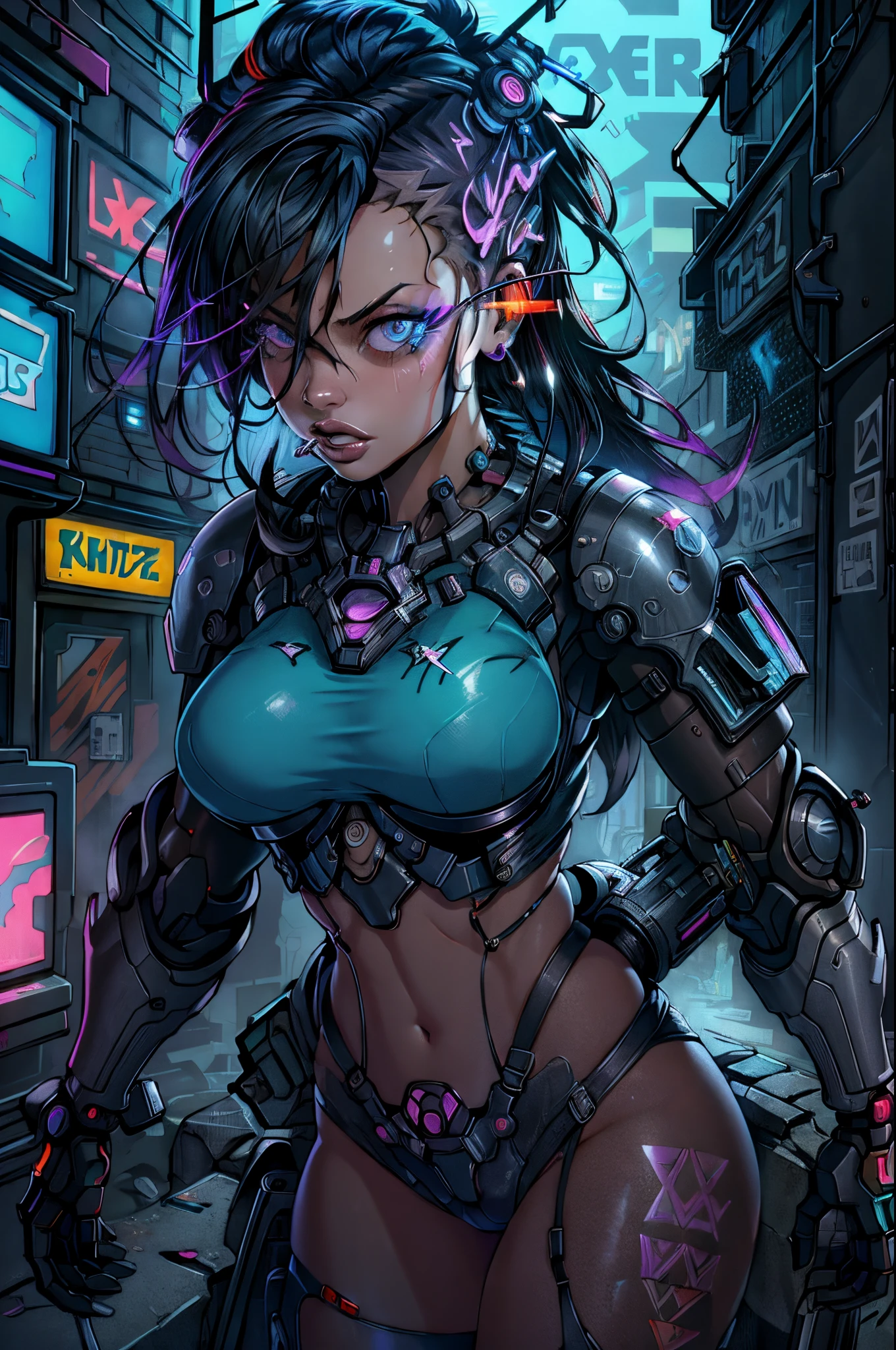 (best quality, masterpiece:1.2), cyberpunk, vulgar, nasty cyborg woman under repair, flaming eye, robots, lovedoll, face, sex shop, neon lights, dystopian cityscape, dark alley, smoke, graffiti, body modifications