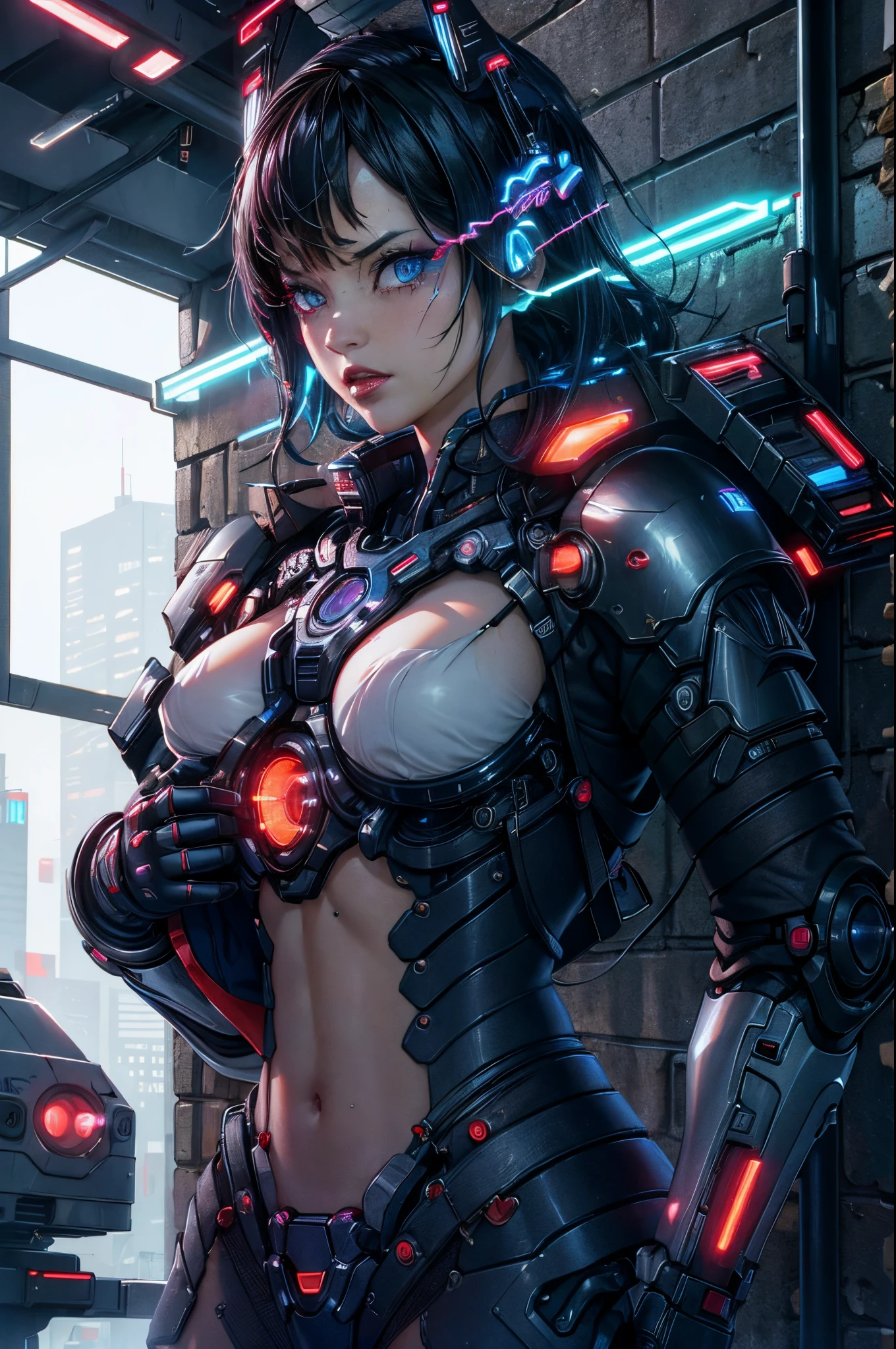 (best quality, masterpiece:1.2), cyberpunk, vulgar, nasty cyborg woman under repair, flaming eye, robots, lovedoll, face, sex shop, neon lights, dystopian cityscape, dark alley, smoke, graffiti, body modifications