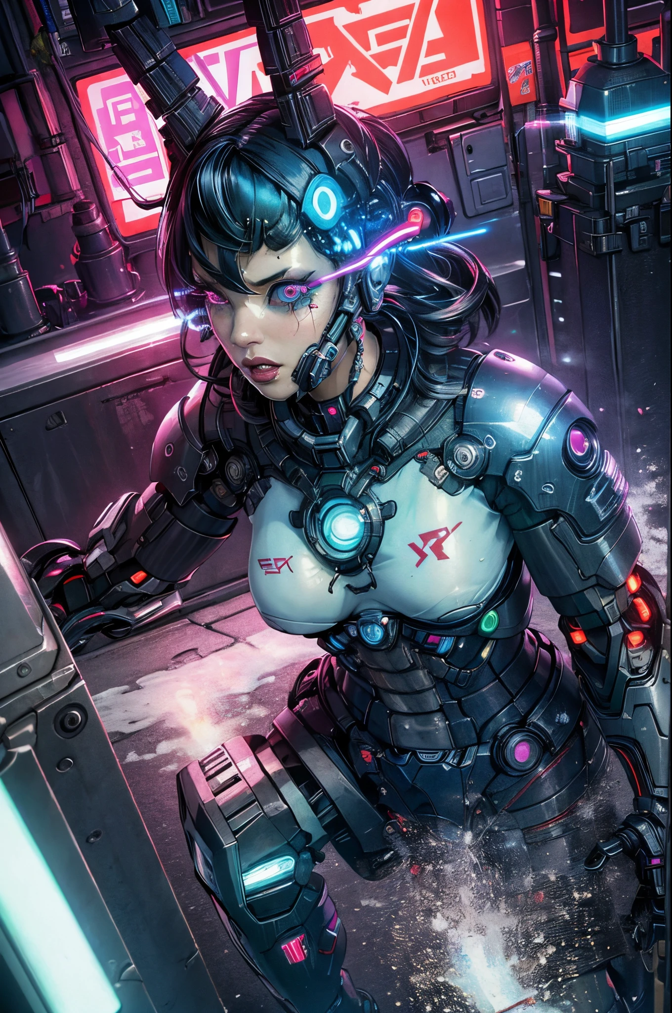 (best quality, masterpiece:1.2), cyberpunk, vulgar, nasty cyborg woman under repair, flaming eye, robots, lovedoll, face, sex shop, neon lights, dystopian cityscape, dark alley, smoke, graffiti, body modifications
