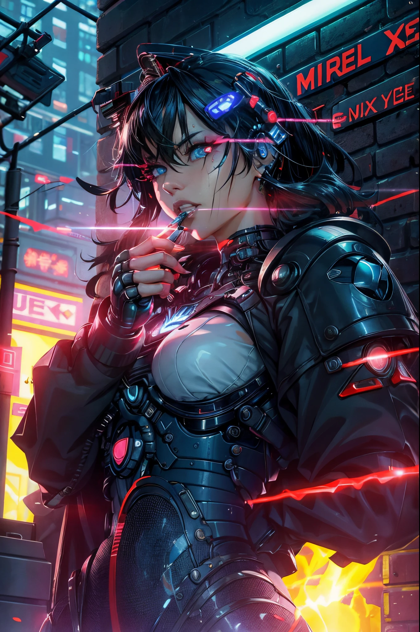 (best quality, masterpiece:1.2), cyberpunk, vulgar, nasty cyborg woman under repair, flaming eye, robots, lovedoll, face, sex shop, neon lights, dystopian cityscape, dark alley, smoke, graffiti, body modifications
