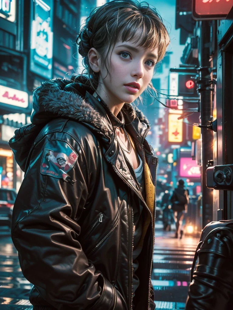 ((extremely delicate and beautiful cybernetic girl)), ((highly detailed face)), ((mechanical limb, mechanical vertebrae)), ((mechanical cervical attaching to neck)), (wires and cables attaching to neck:1.2), ((mass of wires and cables on head)), ((wearing colorful Harajuku tech jacket with logo)), (facing camera pose), ((cowboy shot)), (masterpiece), (((best quality))), ((ultra-detailed)), (highly detailed photorealistic CG illustration), cinematic lighting, science fiction, extremely detailed,colorful,highest detail, (((cyberpunk city background, (Blade Runner), Harajuku district))), (NSFW)