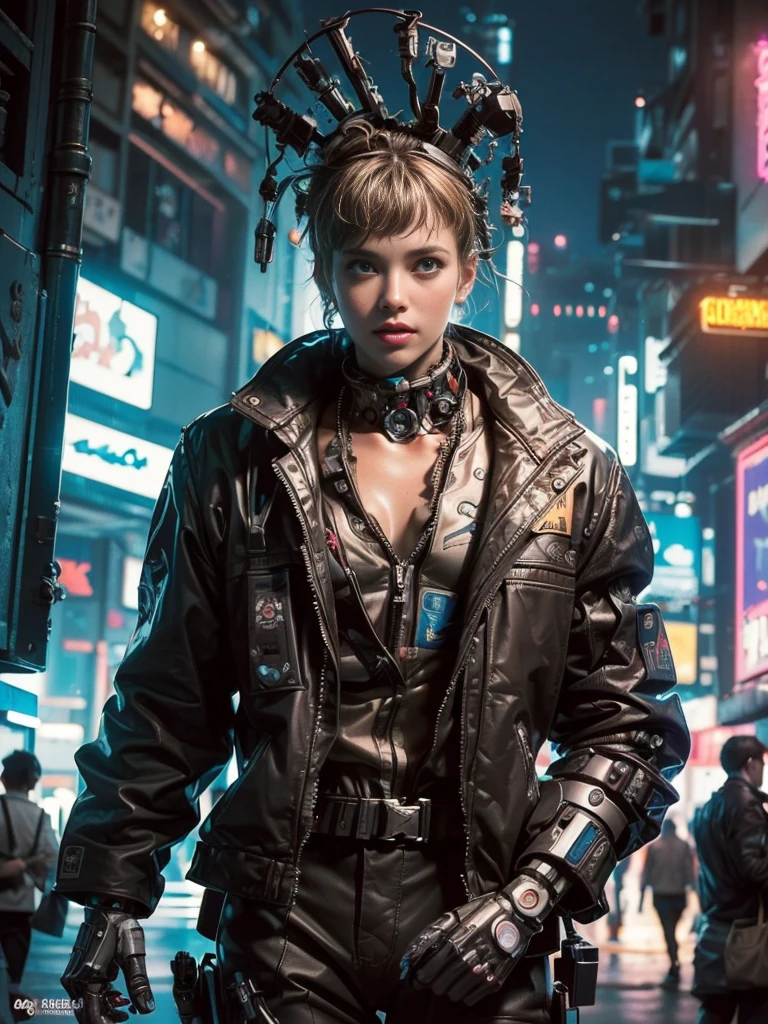 ((extremely delicate and beautiful cybernetic girl)), ((highly detailed face)), ((mechanical limb, mechanical vertebrae)), ((mechanical cervical attaching to neck)), (wires and cables attaching to neck:1.2), ((mass of wires and cables on head)), ((wearing colorful Harajuku tech jacket with logo)), (facing camera pose), ((cowboy shot)), (masterpiece), (((best quality))), ((ultra-detailed)), (highly detailed photorealistic CG illustration), cinematic lighting, science fiction, extremely detailed,colorful,highest detail, (((cyberpunk city background, (Blade Runner), Harajuku district))), (NSFW)