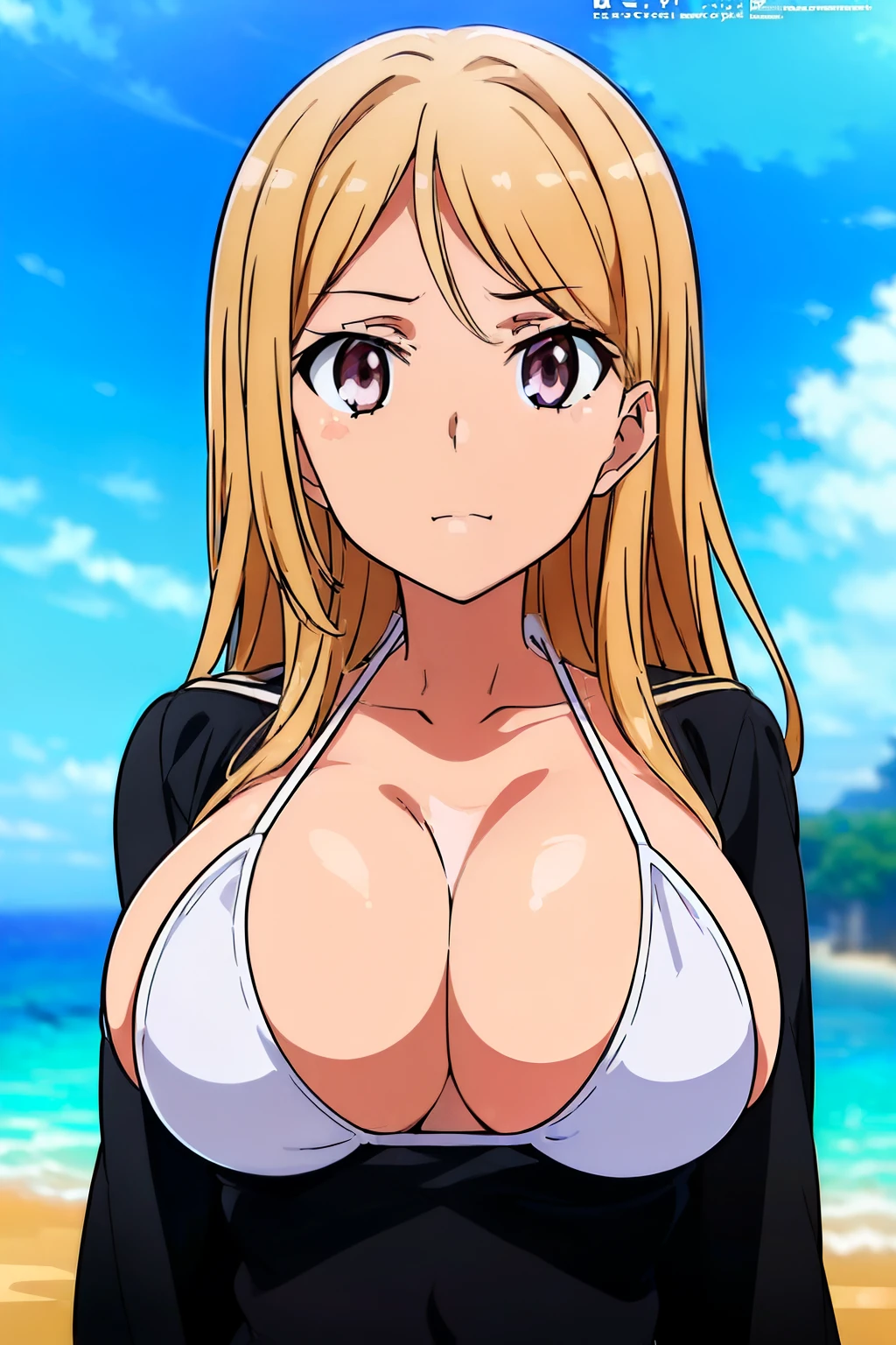 ((masutepiece, Best Quality, High resolution, anime screen cap, anime colours, in 8K, anime keyvisual)), Blowmailing, 1girl in, Cute, cabelos preto e longos, ssmile, 14years, (Oversized large sagging:1.5), cleavage, ((White Micro Bikini:1.5, Thin fabric)), Navel Ejection, (Upper body:1.5, Front composition:1.8), Arms Down, beach side, ((Perfect Anatomy, beautifull detailed face, Beautiful detailed eyes, beautiful detailed hair, Beautiful detailed body)), thick outline, Beautiful outlines, black outlines