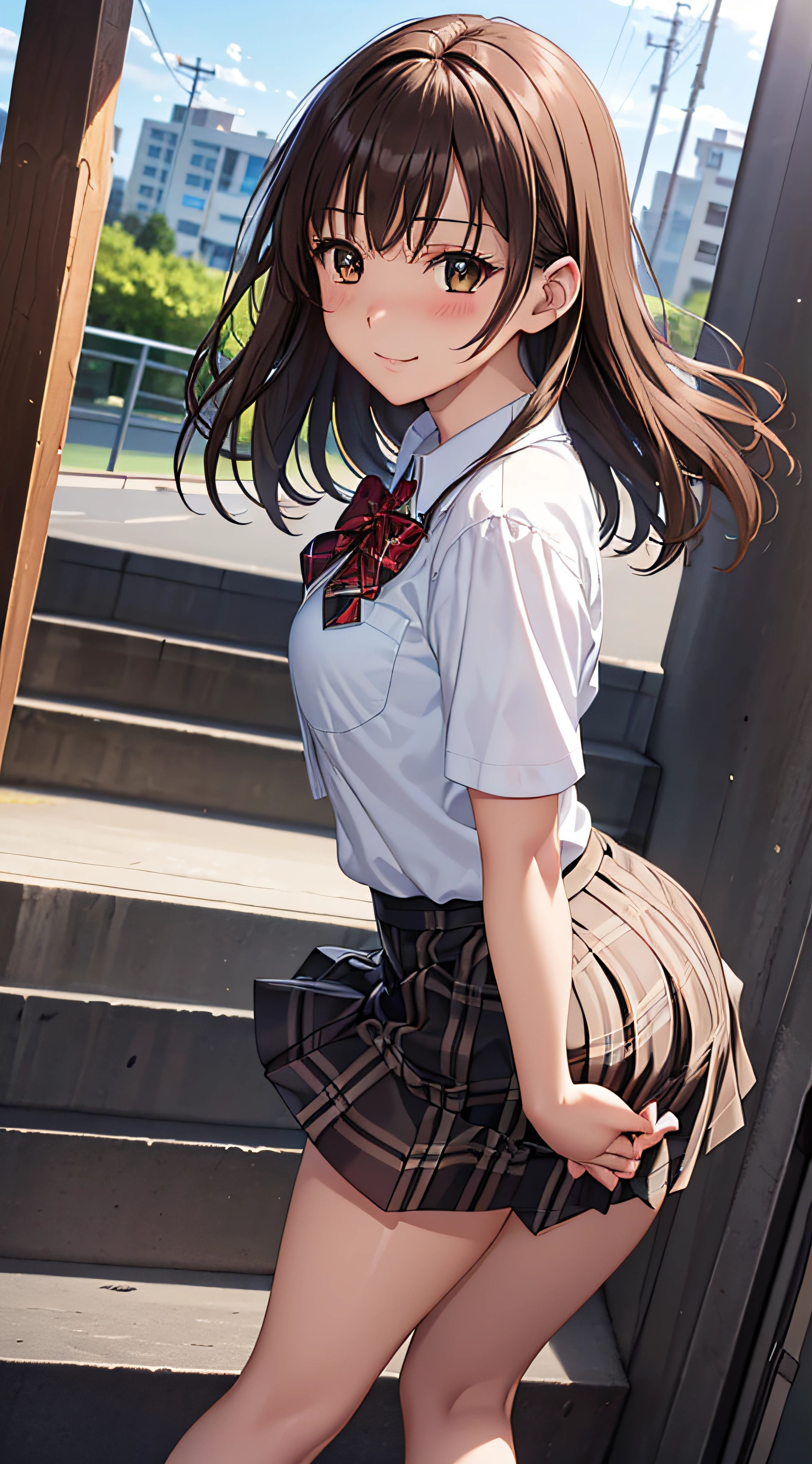 ((masutepiece, Best Quality, hight resolution, nffsw, Perfect Pixel, 4K, nffsw, nffsw))), 1girl in, Single, Solo, Beautie、full body seen、 ((Middle Wave Hair, Bangs, Brown hair)), ((Brown-eyed, Beautiful eyelashes, Realistic eyes)), ((Detailed face, Blushing:1.2)), ((Smooth texture:0.75, Realistic texture:0.65, Photorealistic:1.1, Anime CG style)), medium breasts, Dynamic Angle, Perfect body, ((red bowtie, School uniform, , White shirt, Black skirt, plaid skirts))、train station stairs、Windy、Very embarrassing panic smile、turned around、bending forward、Looking up from the bottom of the stairs、 (The wind pulled up my skirt、Touch the skirt with both hands、、You can see all the buttocks、yellow floral panties)、