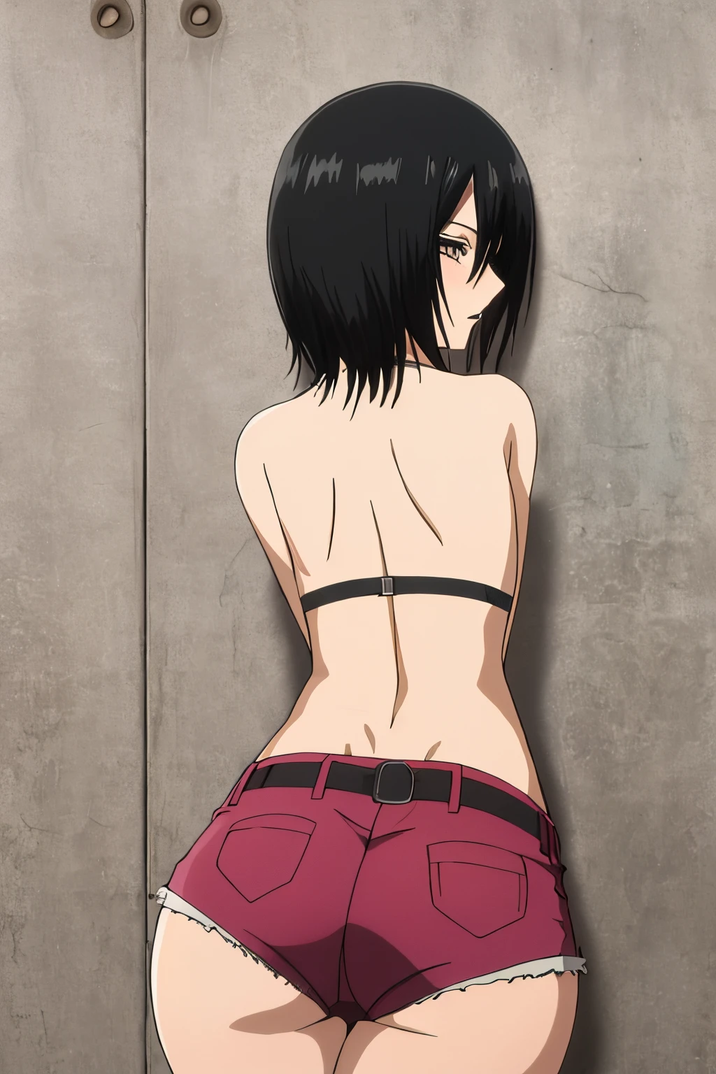 1girl, Mikasa Arkeman erotica, NSFW, 18+, shorts pequenos de golfinho, pink shorts, Looking back, ass, Calcinha,, master part, melhor qualidade, altamente detalhado, black hair, olhos pretos