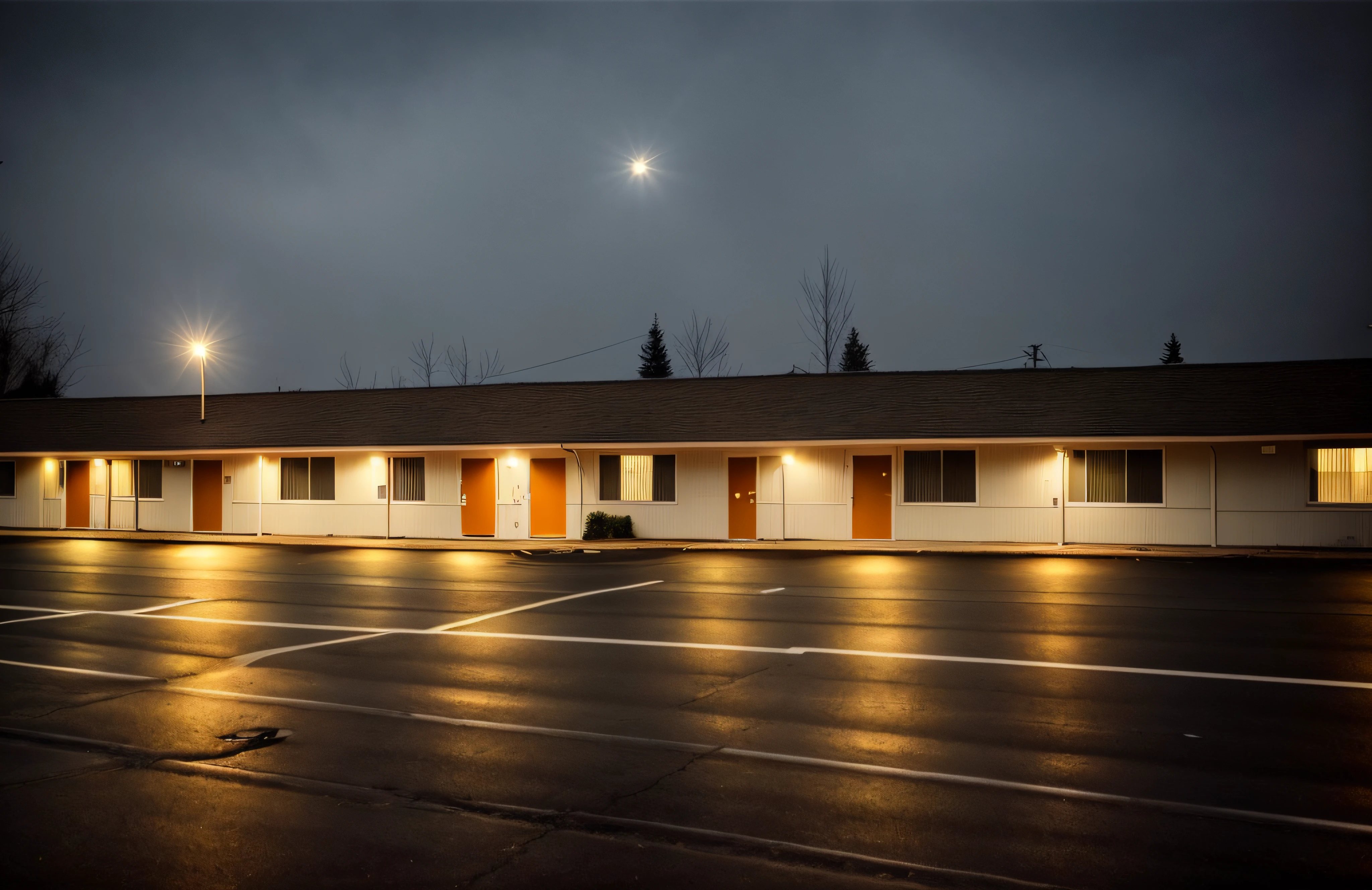 there a parking lot with a motel and a street light, inspired by Gregory Crewdson, todd hido photography, todd hido, photography of todd hido, crewdson, greg crewdson, by Andrew Domachowski, by Wayne England, photography of gregory crewdson, mist, ai weiwei and gregory crewdson, by Dan Scott