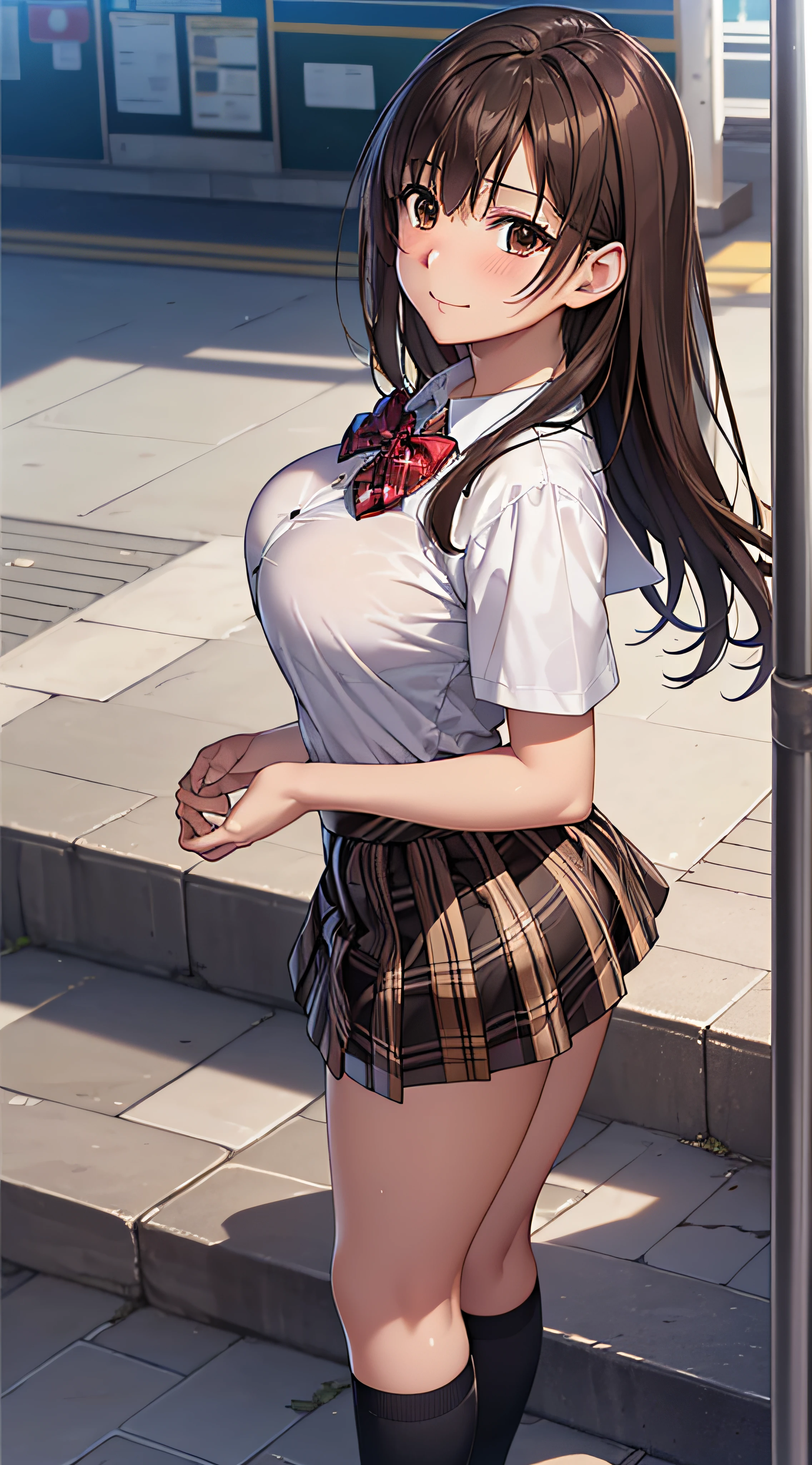 ((masutepiece, Best Quality, hight resolution, nffsw, Perfect Pixel, 4K, nffsw, nffsw))), 1girl in, Single, Solo, Beautie、full body seen、 ((Middle Wave Hair, Bangs, Brown hair)), ((Brown-eyed, Beautiful eyelashes, Realistic eyes)), ((Detailed face, Blushing:1.2)), ((Smooth texture:0.75, Realistic texture:0.65, Photorealistic:1.1, Anime CG style)), medium breasts, Dynamic Angle, Perfect body, ((red bowtie, School uniform, , White shirt, Black skirt, plaid skirts))、train station stairs、Windy、Very embarrassing panic smile、turned around、bending forward、Looking up from the bottom of the stairs、 (The wind pulled up my skirt、Touch the skirt with both hands、、You can see all the buttocks、yellow floral panties)、