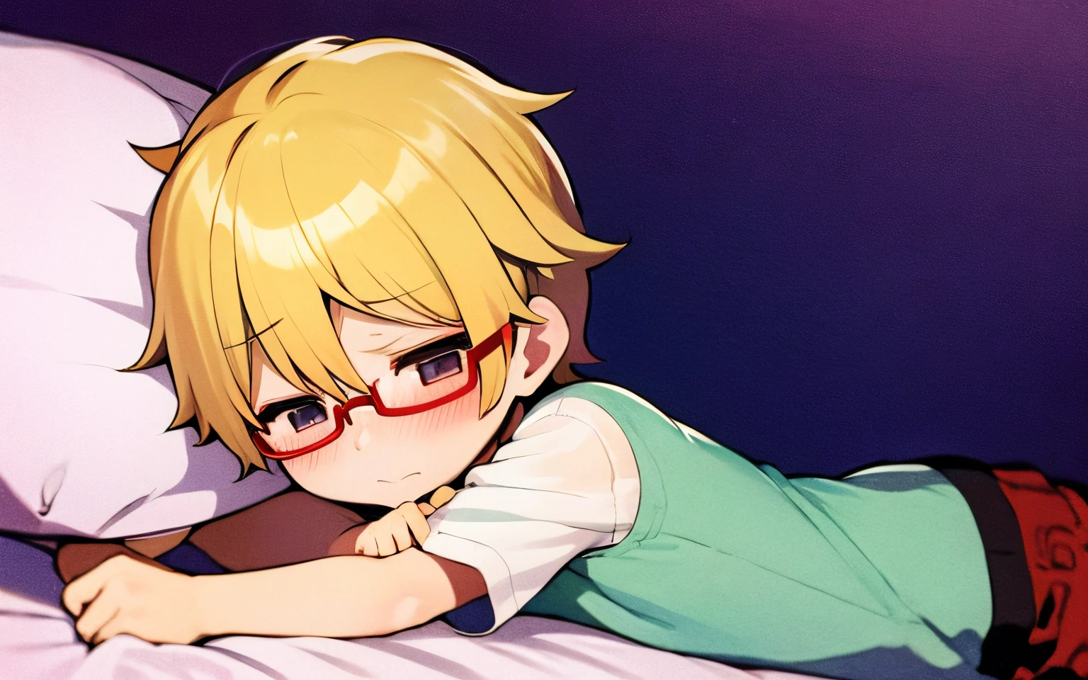 Zhentai--shota, cute 10 year old boy, femboy, blonde hair, glasses, shy, blushing, laying in bed, no shirt, red underwear