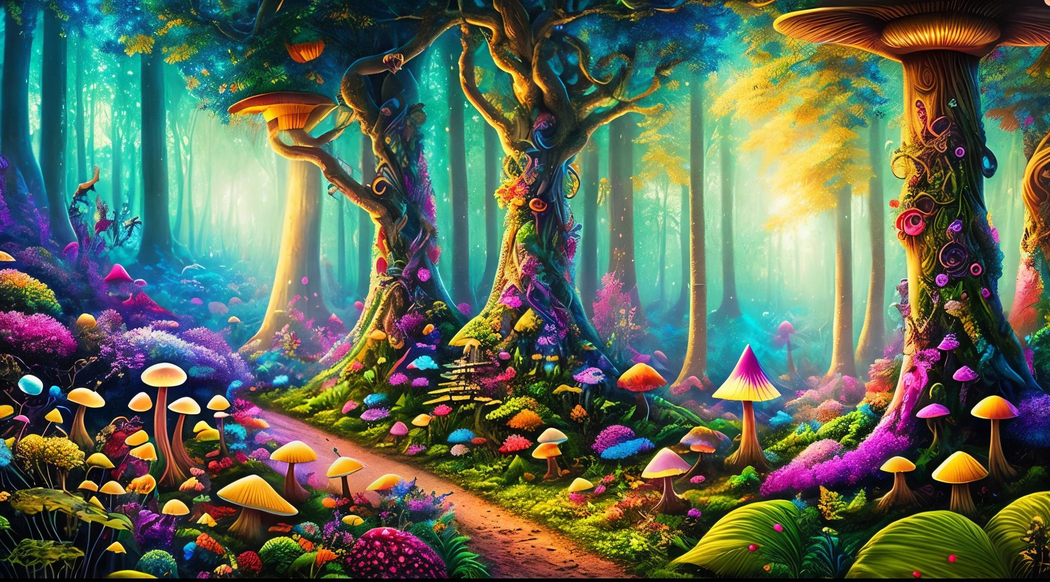 psychedelic art image, enchanted forest with mushrooms and fairies, ultra detailed, ultra high quality, 4k