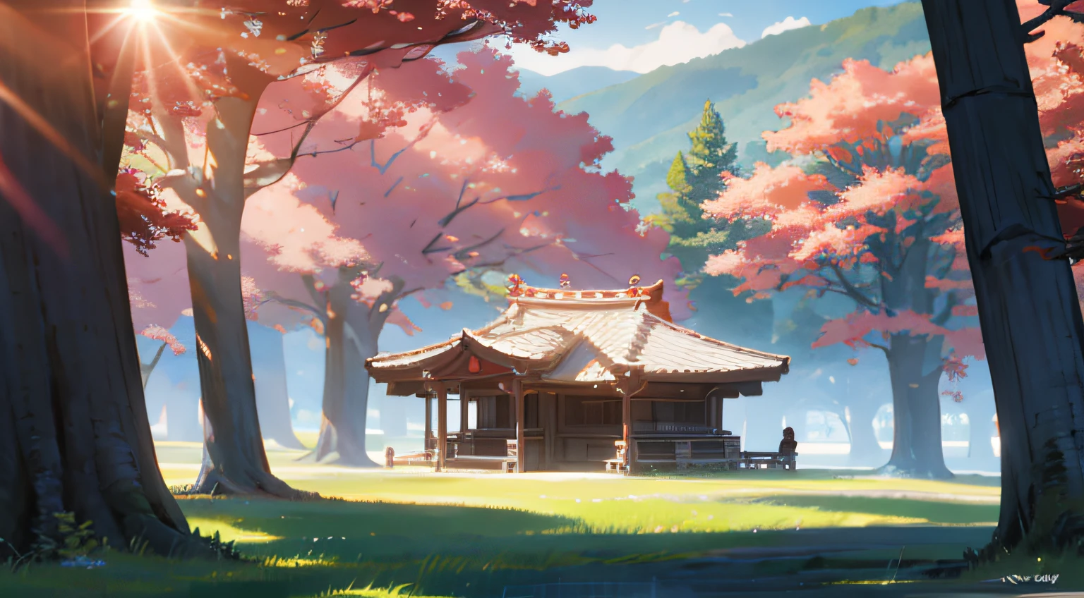 夏天,The sun shines on the ground,Gramados,Scenic area,Vista distante, park, arvores