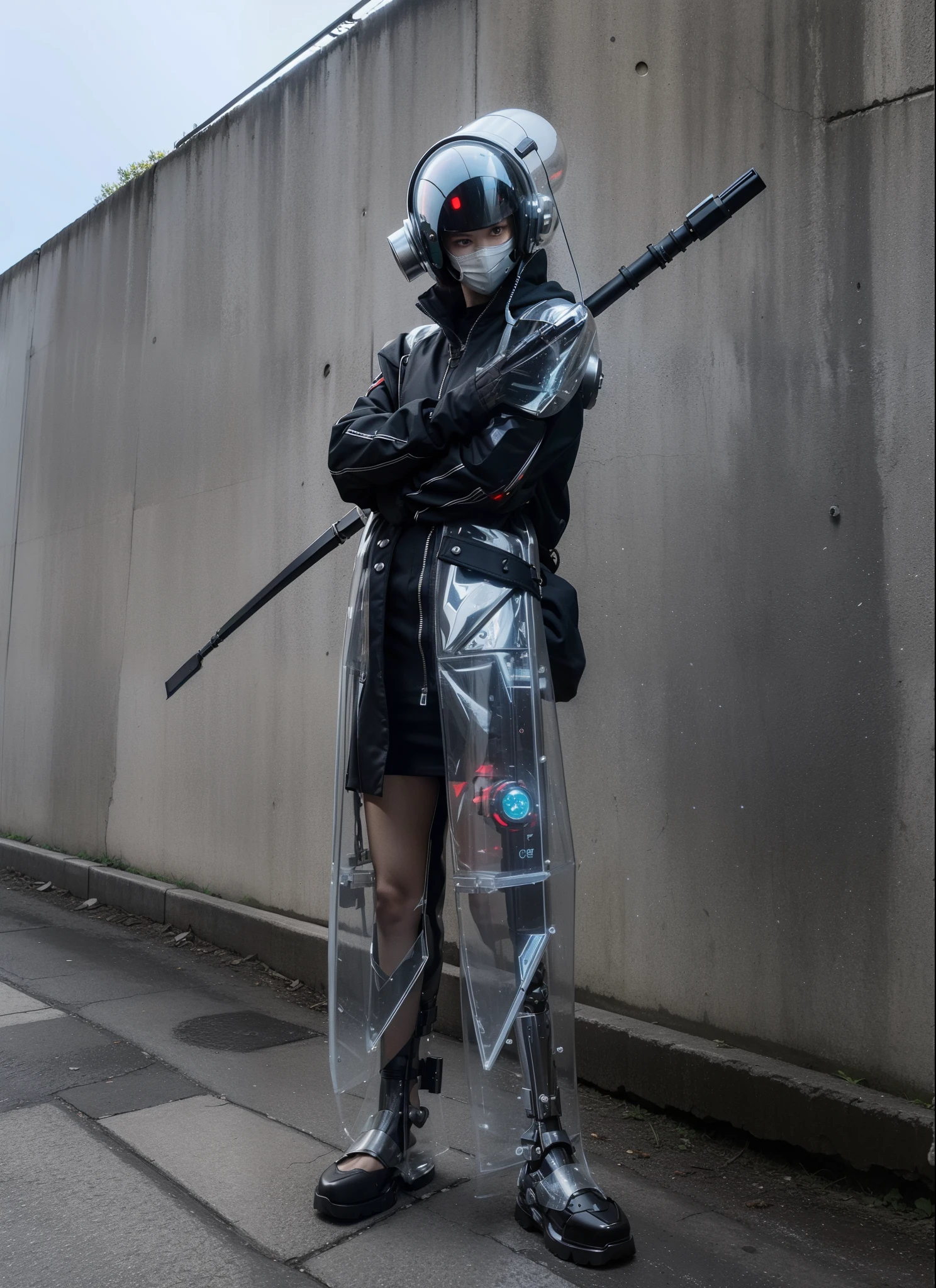 Fantasy cyberpunk world,1 Mechanical Miracle,Robots defend world order;Samurai mechanical armor,Equip transparent weapons,Streamlined black and red design,wearing in black cloak,A big part of a 1-person robot,Art of the highest quality,8K ultra-high resolution,动态照明,cinematic splendor,Vibrant colors,Wearing a cyberpunk space helmet,Luminous mechanical protective mask,Future high-tech tactical helmet