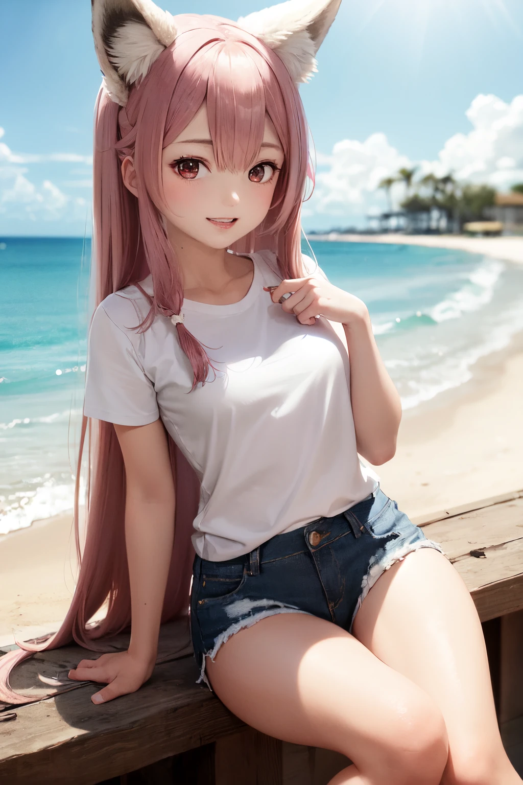 1girl(Suzuka Gozen), long peach hair, fox ears, brown eyes, eroticism, wearing clingy white shirt (intricate details), denim shorts, fox tail, beach, absurdes, high res, ultrasharp, 8k, masterpiece, looking at viewer