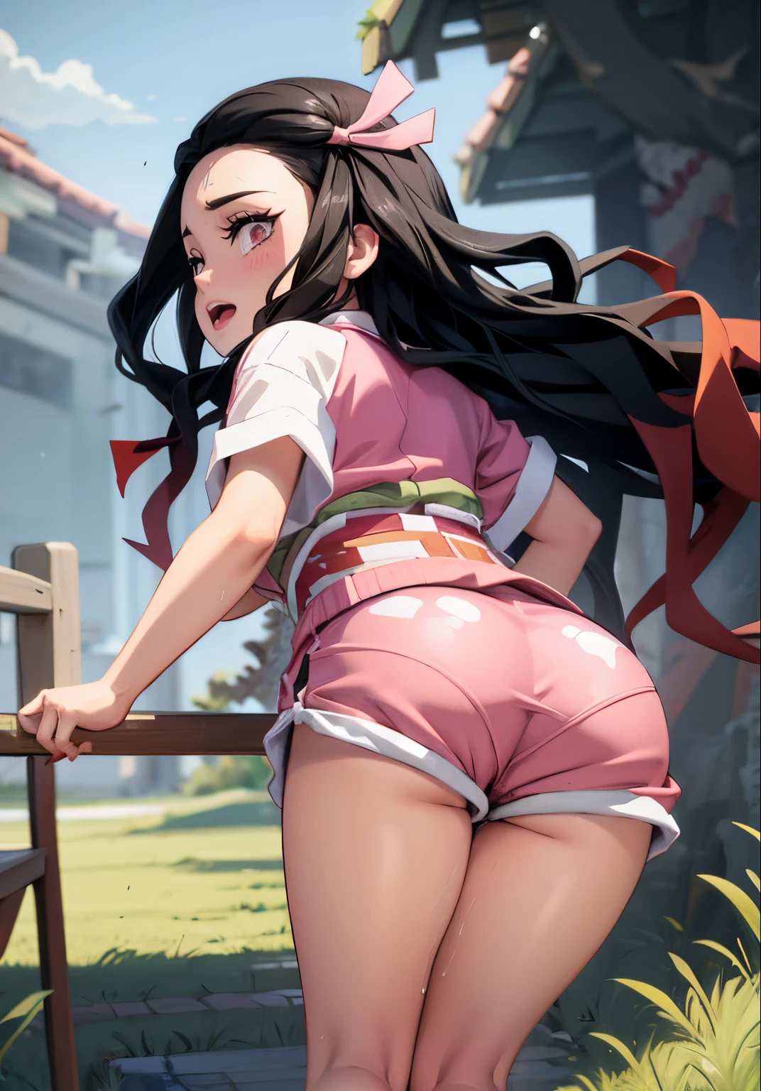 1girl, Nezuko_normal erotica, NSFW, 18+, shorts pequenos de golfinho, pink shorts, Looking back, ass, Calcinha,, master part, melhor qualidade, altamente detalhado, black hair, olhos rosas